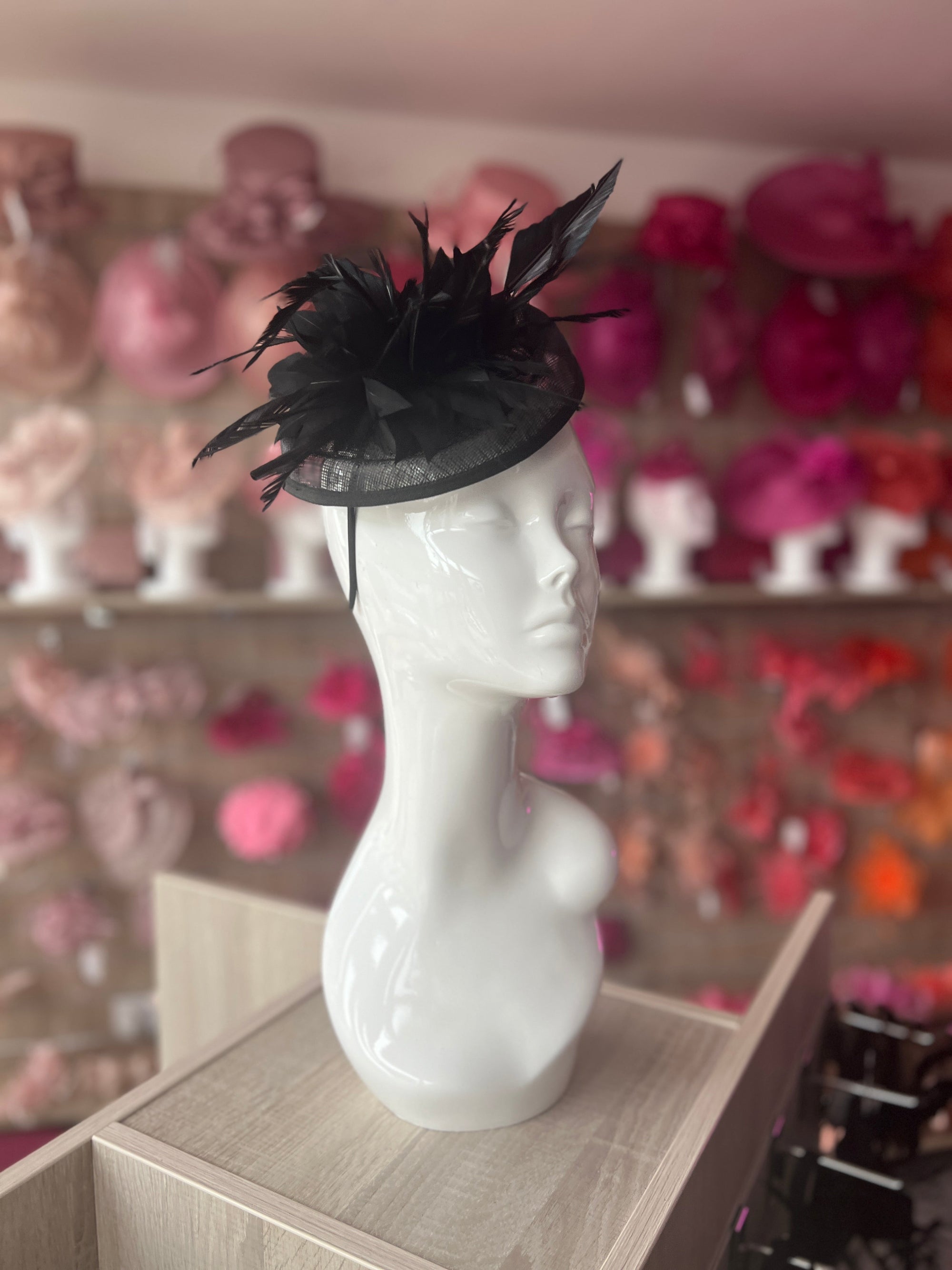 Black Pillbox Fascinator With Feather Flowers & Feather Quill-Fascinators Direct