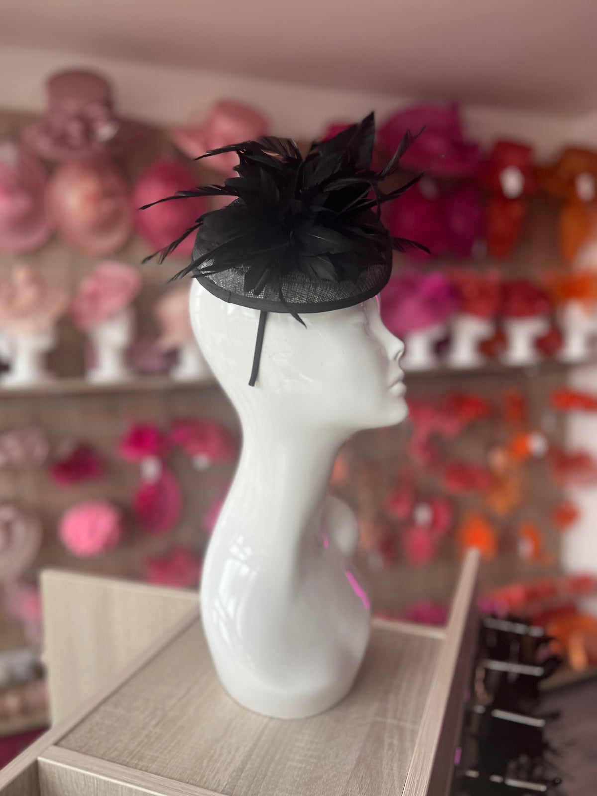Black Pillbox Fascinator With Feather Flowers &amp; Feather Quill-Fascinators Direct