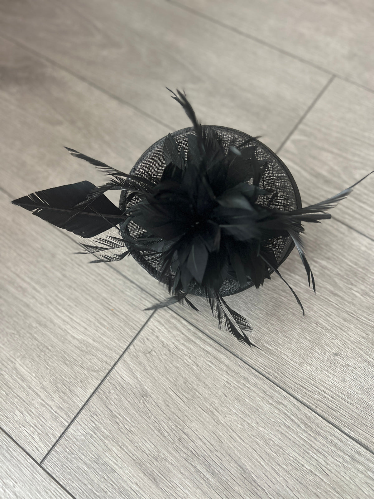 Black Pillbox Fascinator With Feather Flowers &amp; Feather Quill-Fascinators Direct