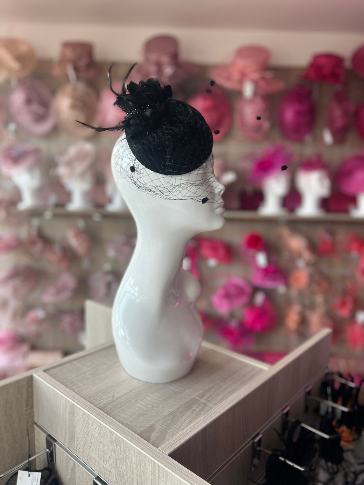 Black Pillbox Fascinator With Flower &amp; Veil-Fascinators Direct