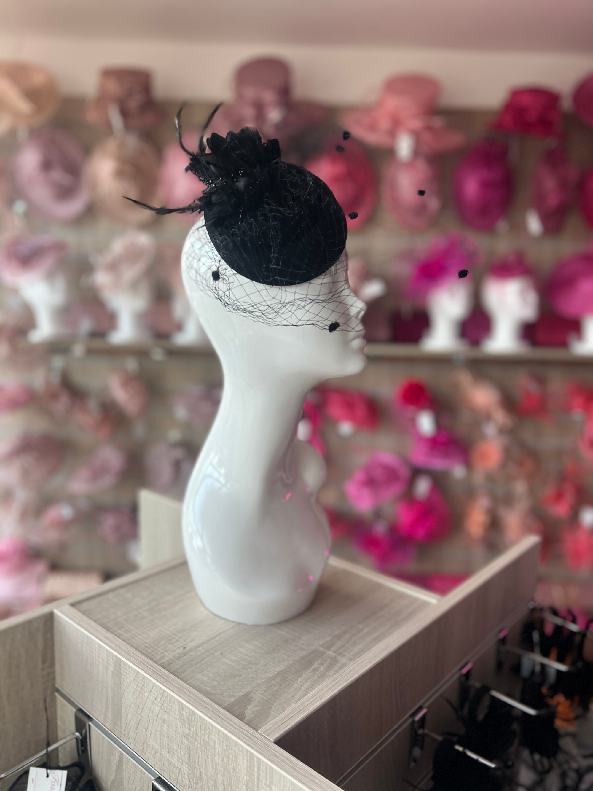 Black Pillbox Fascinator With Flower & Veil-Fascinators Direct