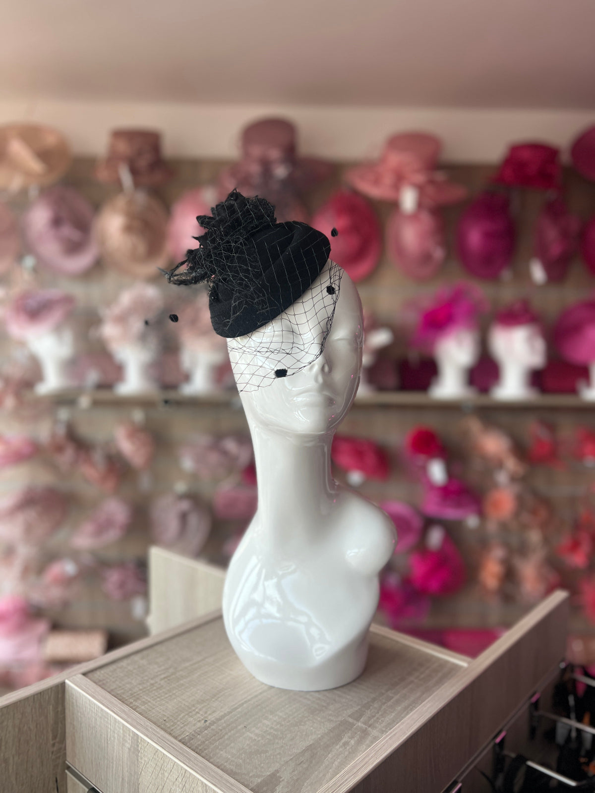 Black Pillbox Fascinator With Flower &amp; Veil-Fascinators Direct