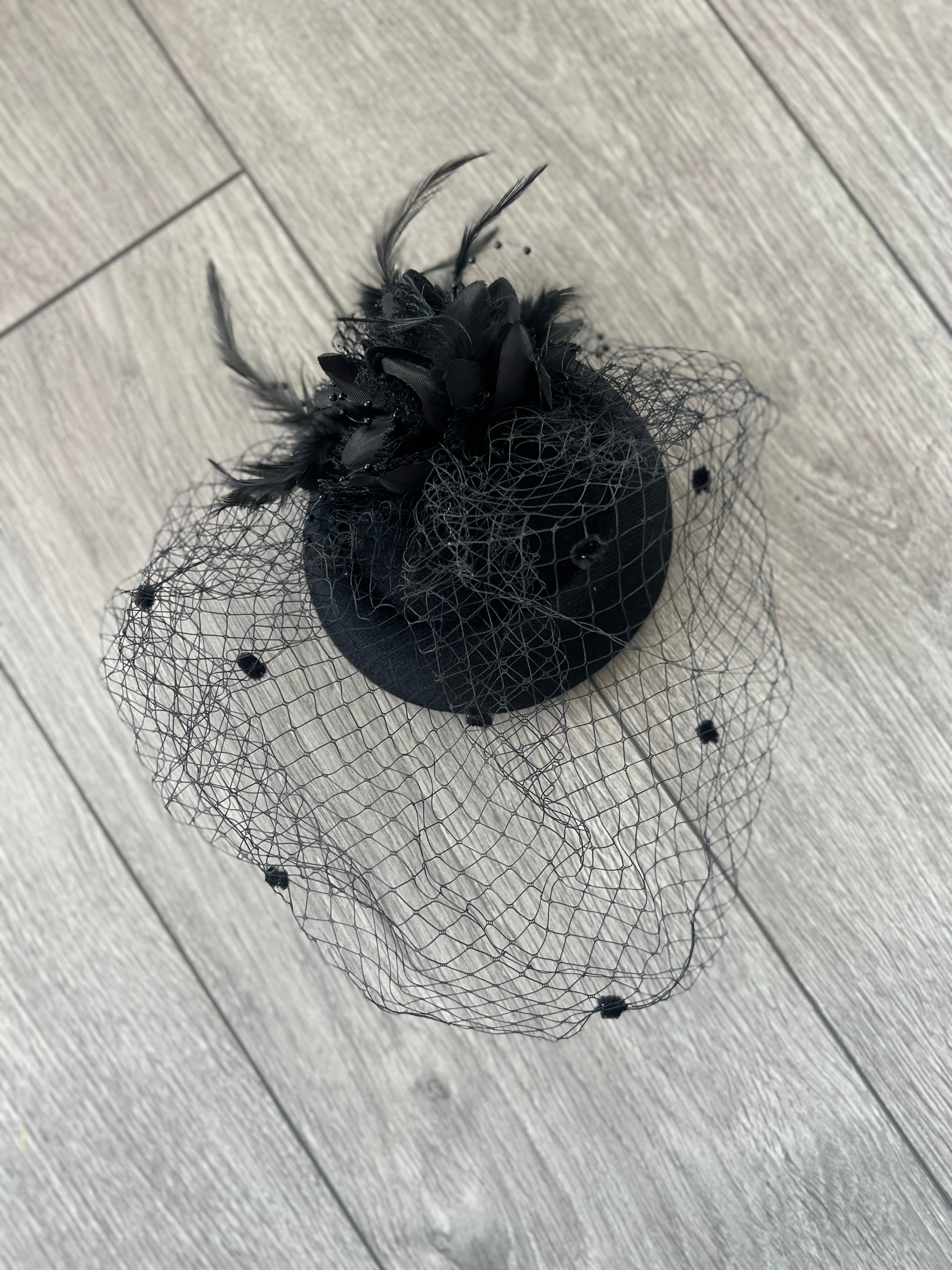 Black Pillbox Fascinator With Flower & Veil