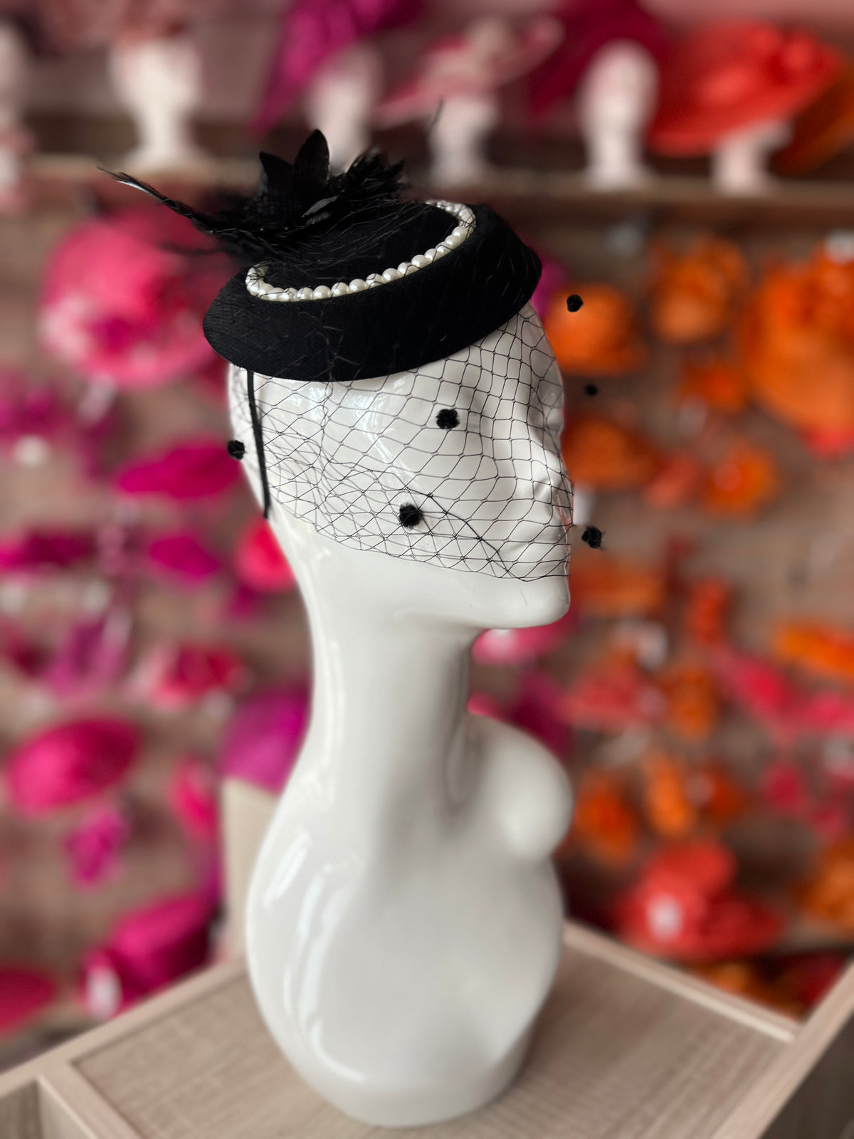 Black Pillbox Hat With Flower,Veil &amp; Pearls-Fascinators Direct
