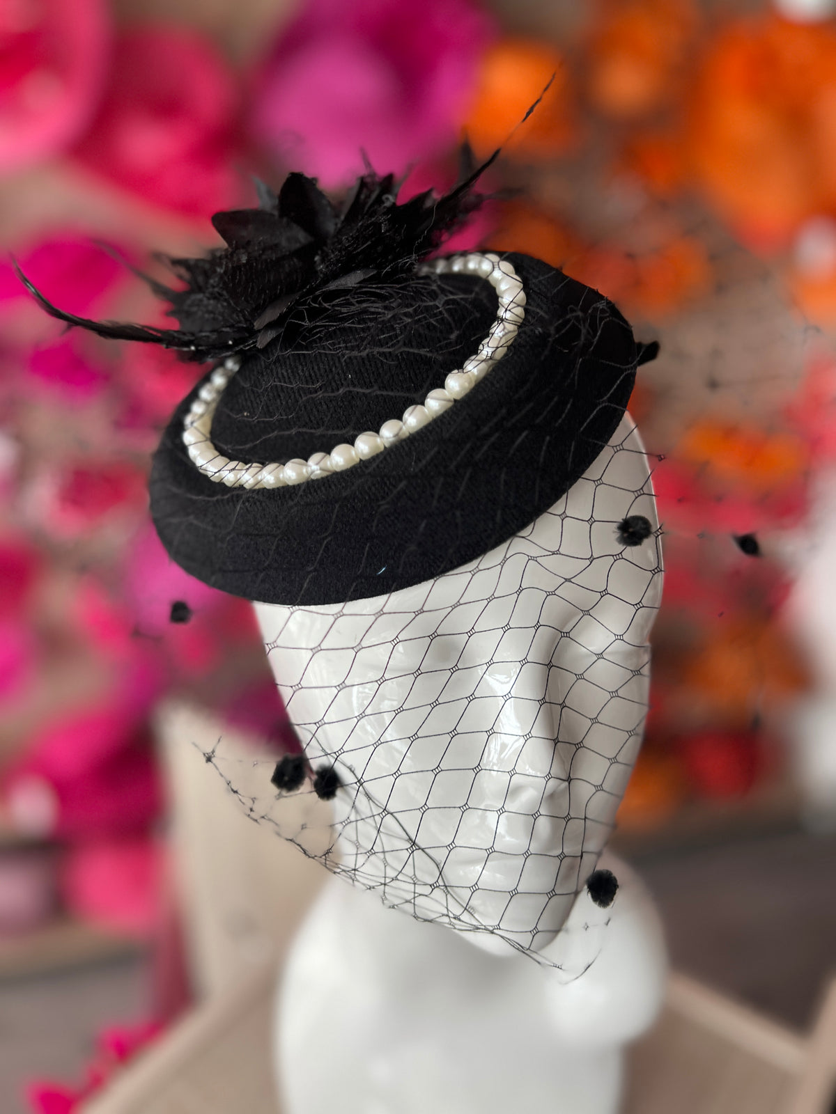 Black Pillbox Hat With Flower,Veil &amp; Pearls-Fascinators Direct