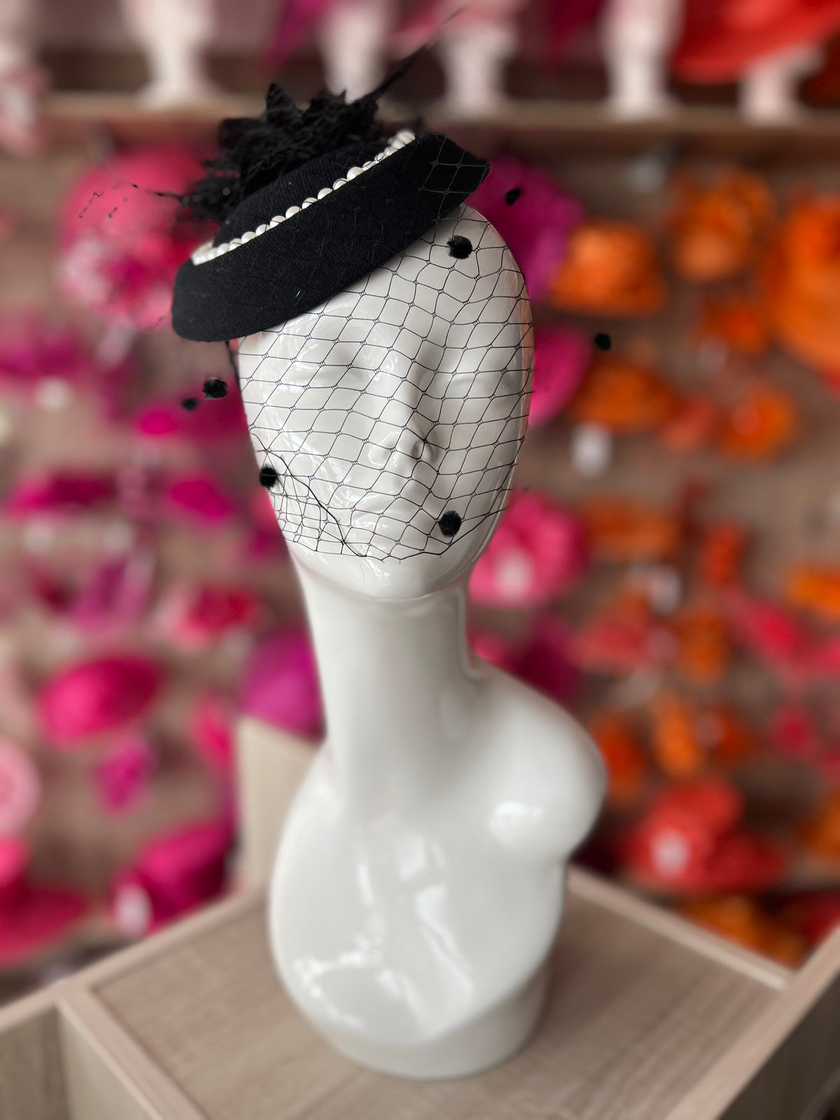 Black Pillbox Hat With Flower,Veil &amp; Pearls-Fascinators Direct