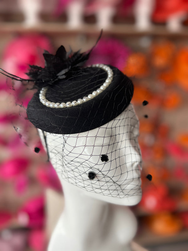 Black Pillbox Hat With Flower,Veil & Pearls
