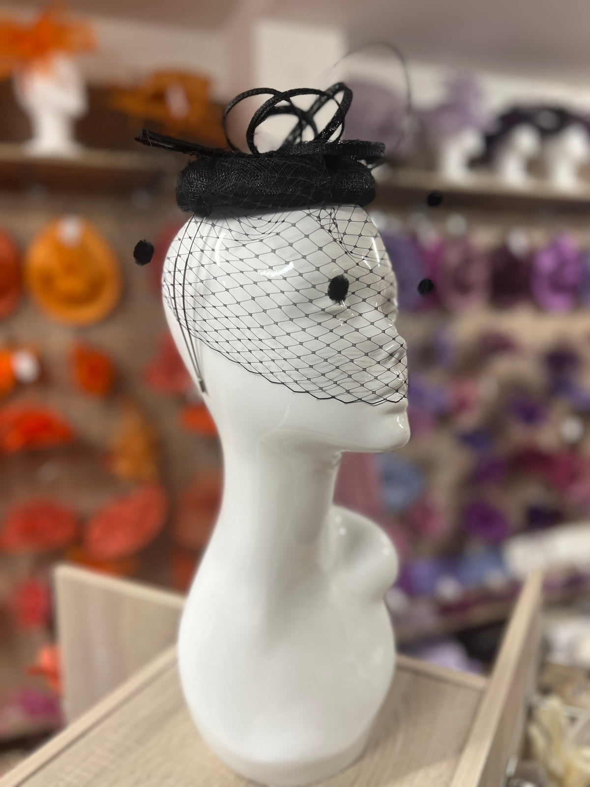 Black Pillbox Hat with Veil &amp; Curled Quill-Fascinators Direct