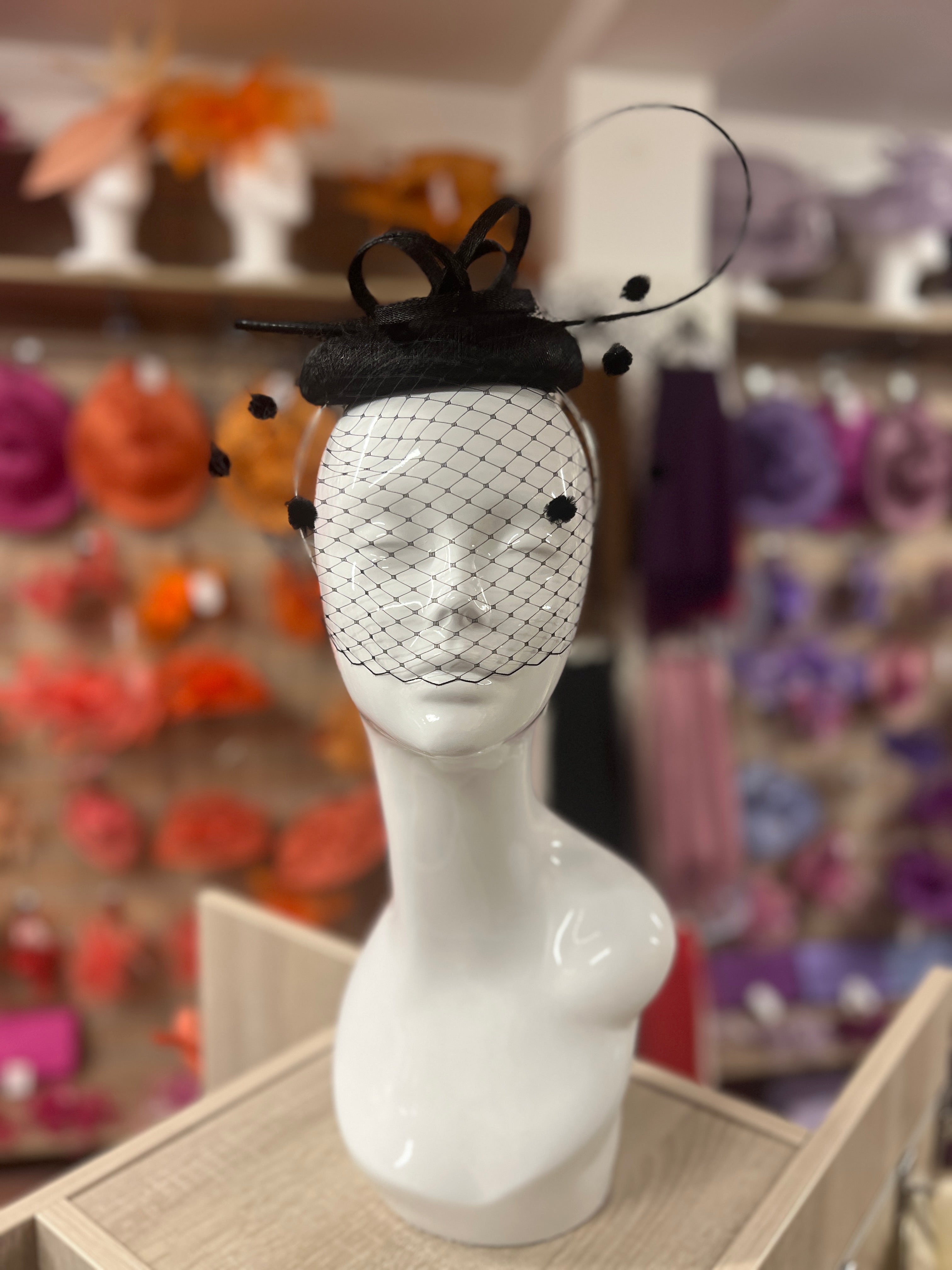 Black Pillbox Hat with Veil Curled Quill