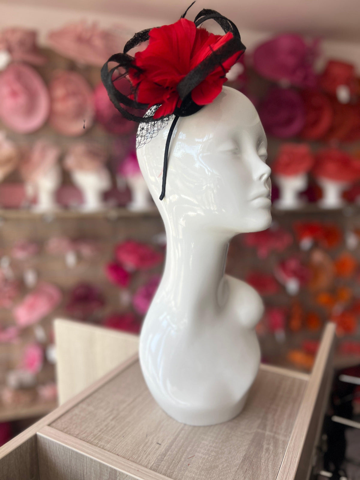 Black &amp; Red Feather Flower Fascinator on Headband with Net-Fascinators Direct
