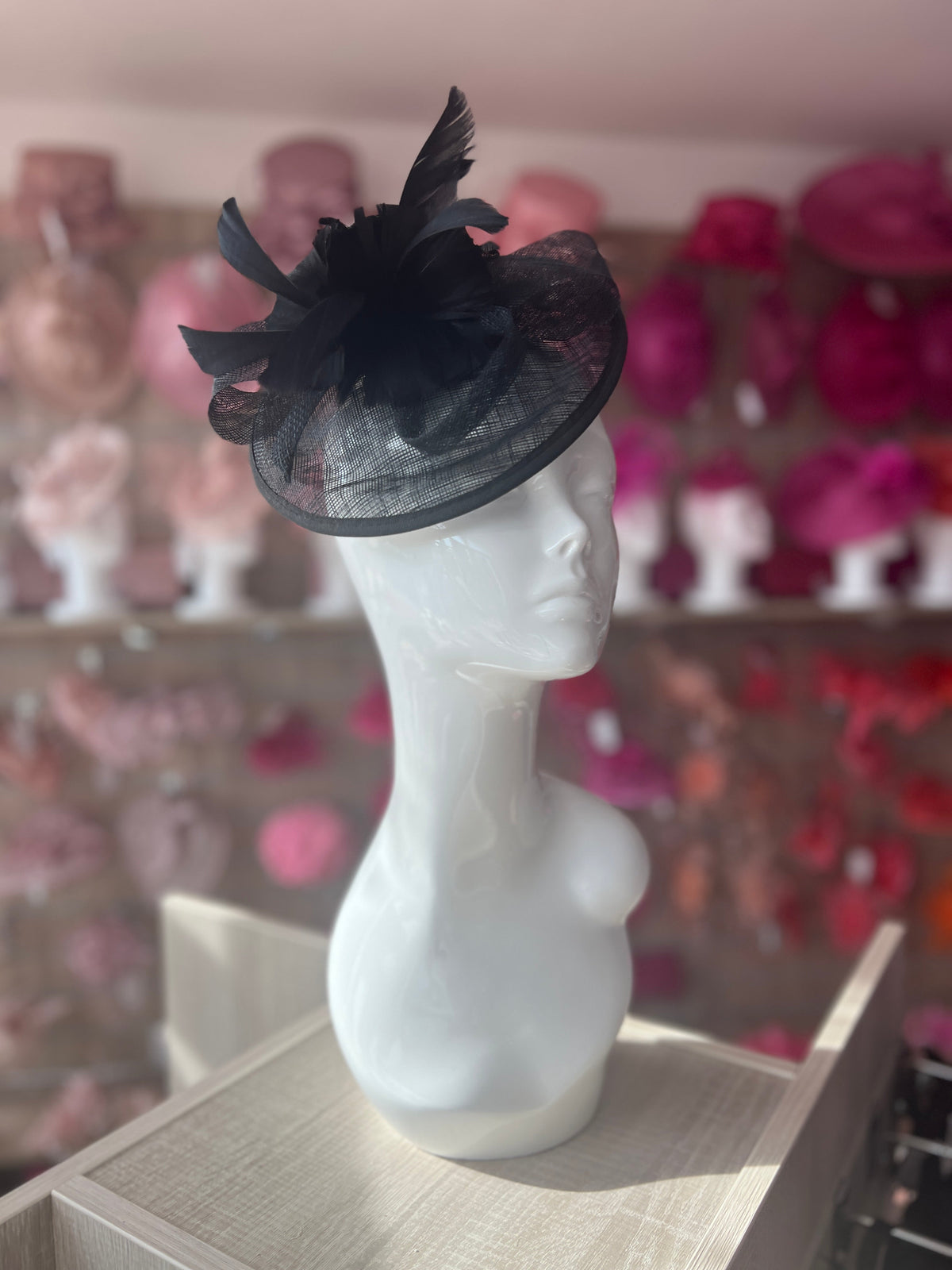 Black Round Fascinator With Spiral loops &amp; Feather Flowers-Fascinators Direct