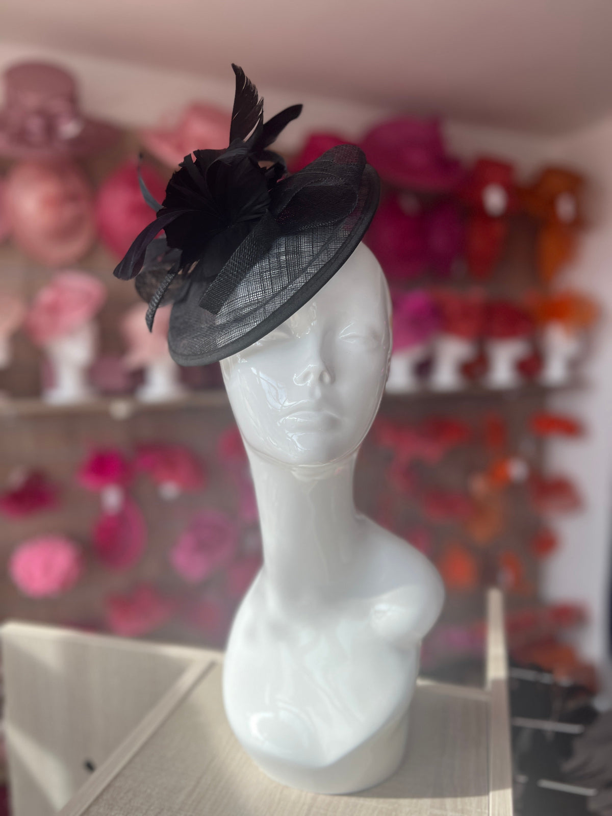 Black Round Fascinator With Spiral loops &amp; Feather Flowers-Fascinators Direct