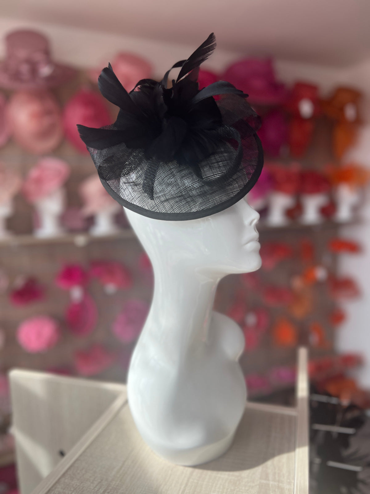 Black Round Fascinator With Spiral loops &amp; Feather Flowers-Fascinators Direct