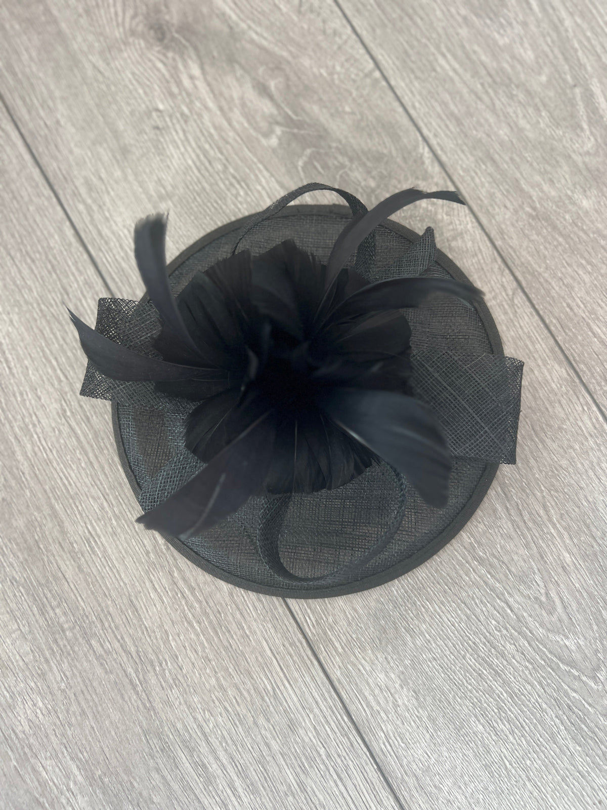 Black Round Fascinator With Spiral loops &amp; Feather Flowers-Fascinators Direct