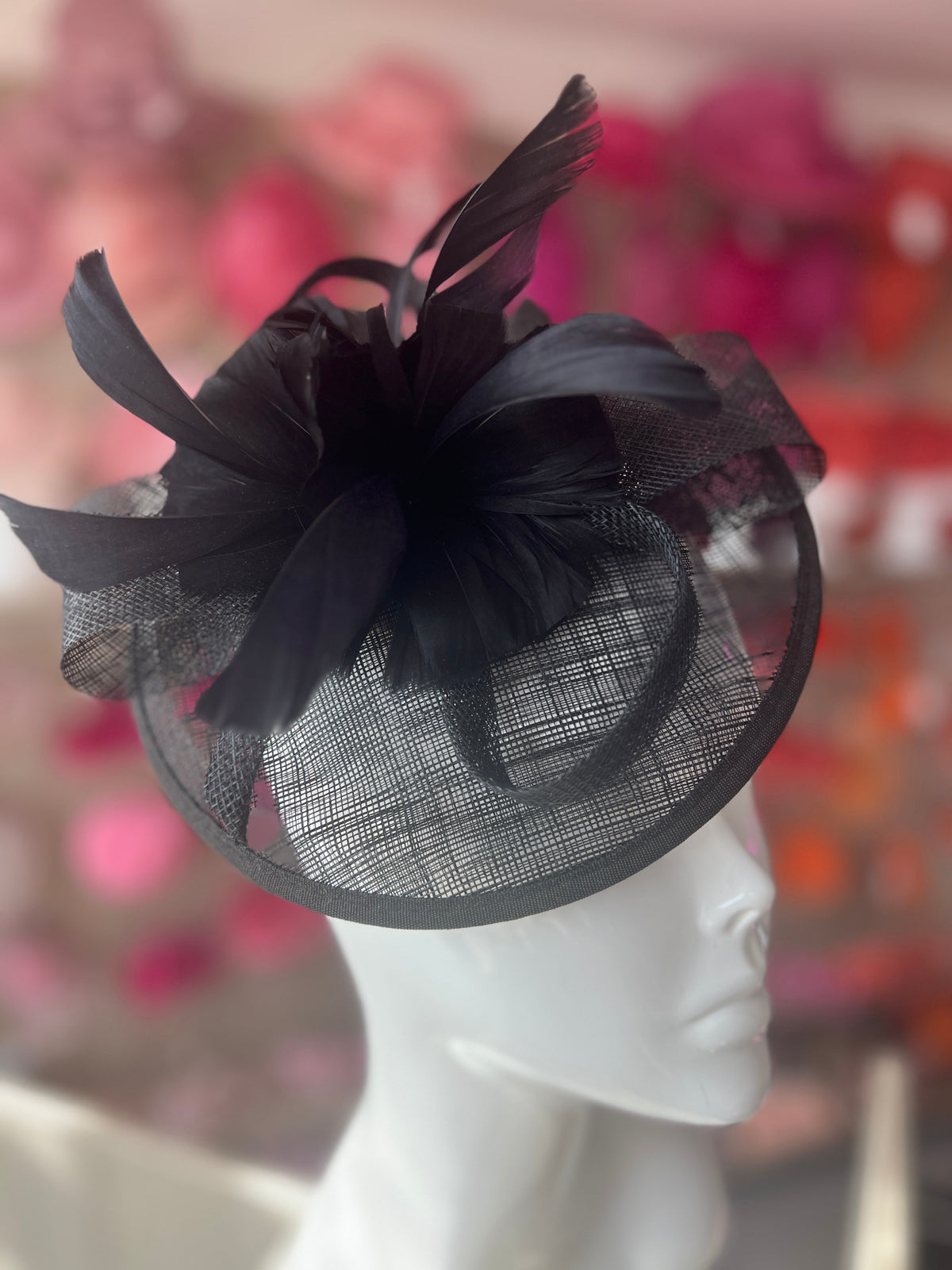 Black Round Fascinator With Spiral loops &amp; Feather Flowers-Fascinators Direct
