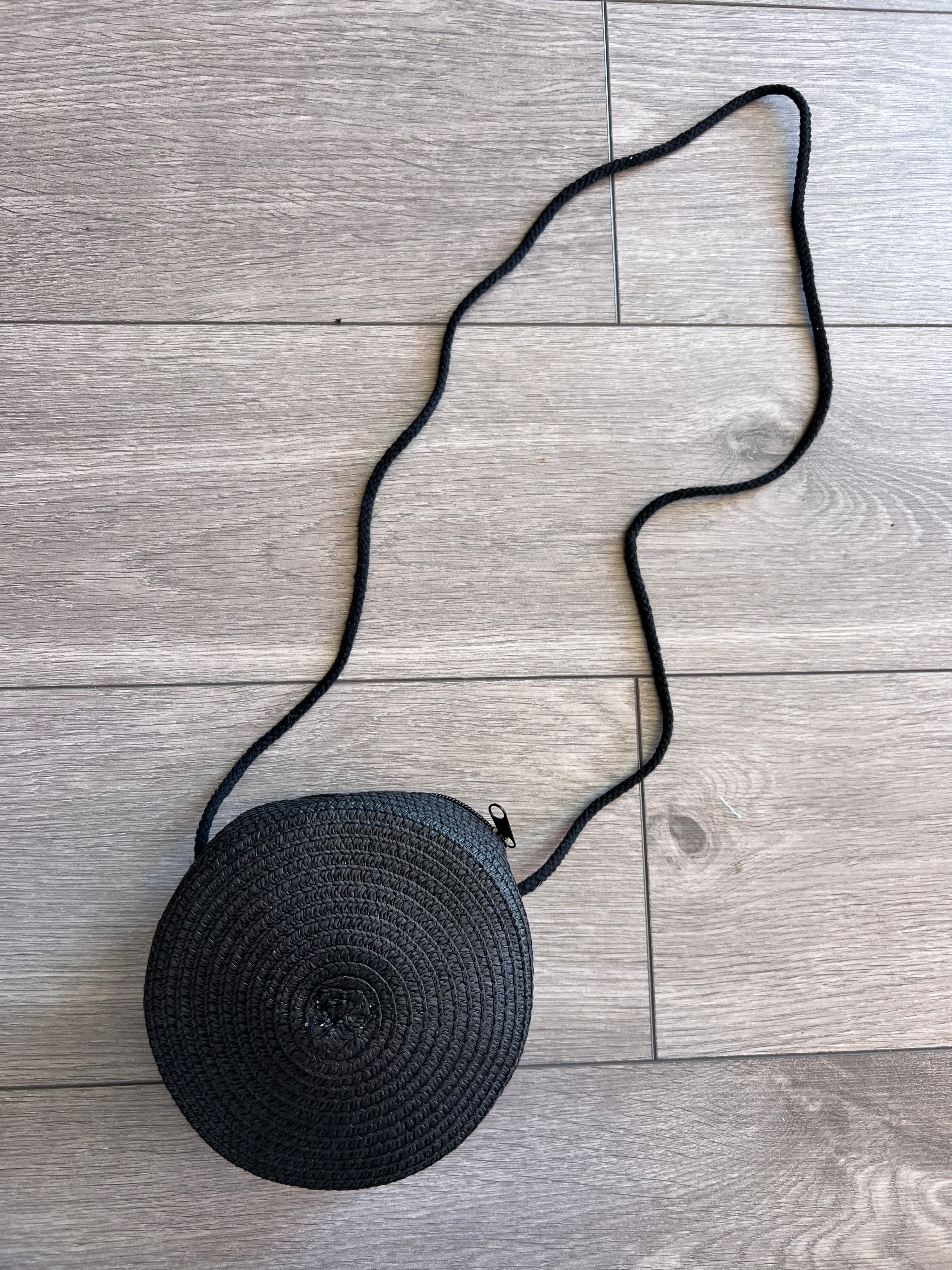 Black Round Straw Shoulder Bag