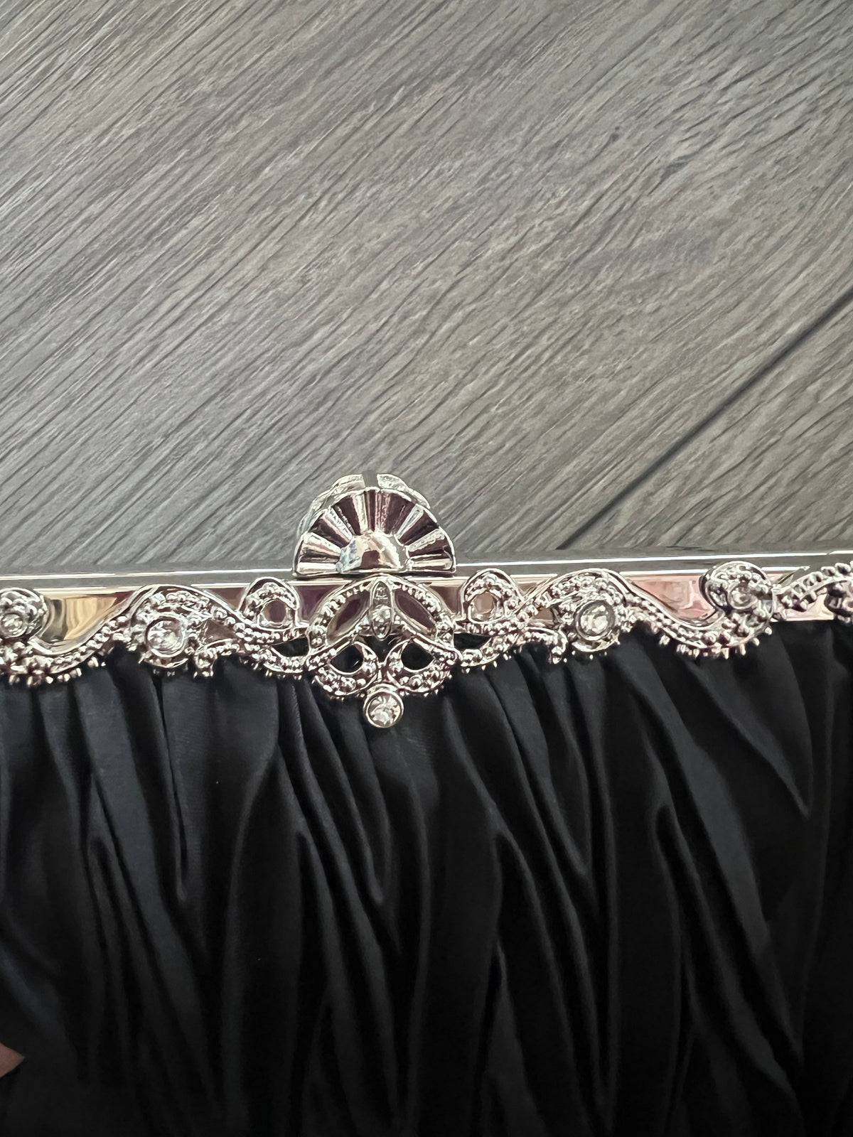 Black Satin Art Deco Detail Clutch Bag-Fascinators Direct