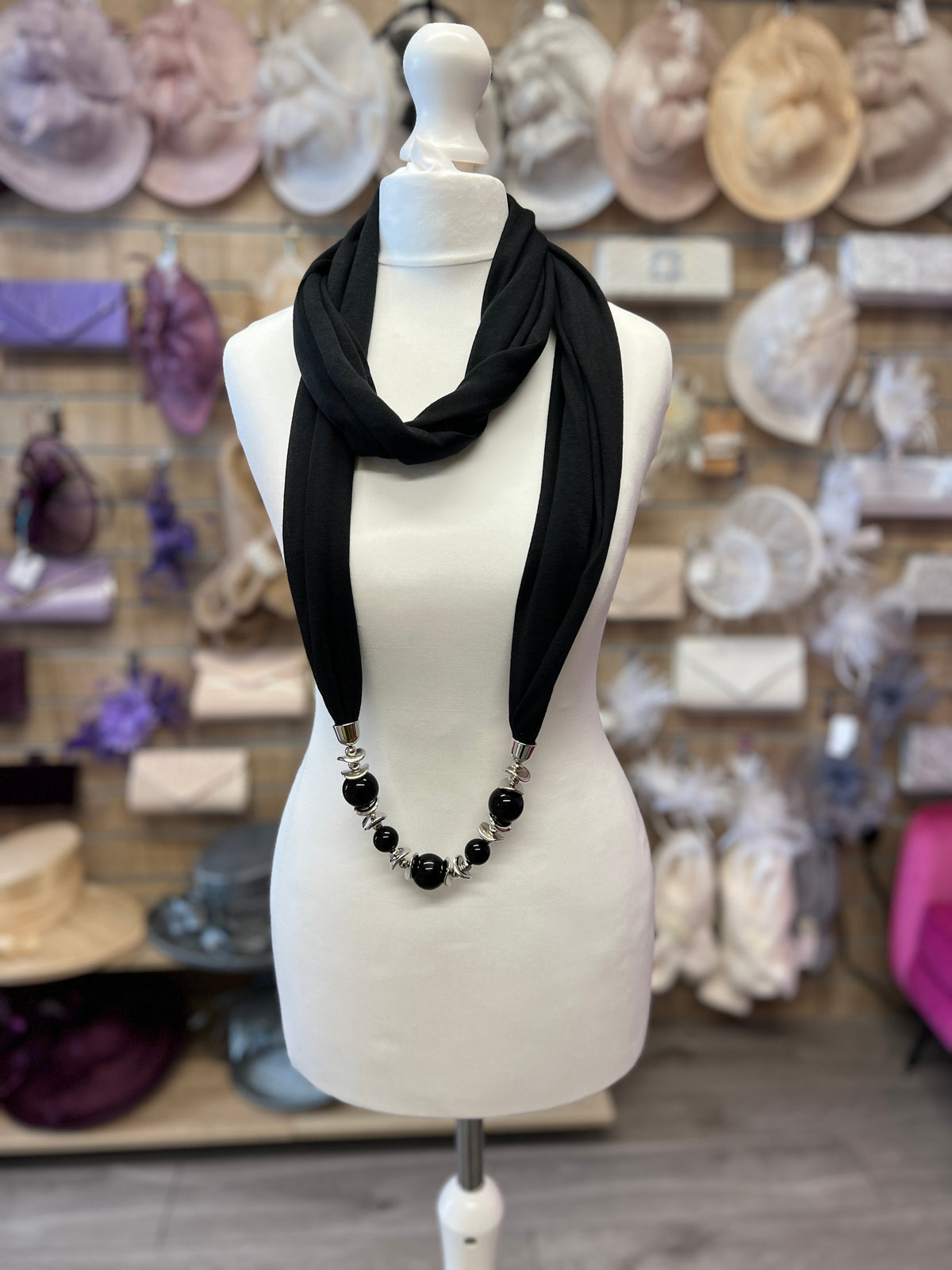 Black Scarf Necklace With Beads-Fascinators Direct