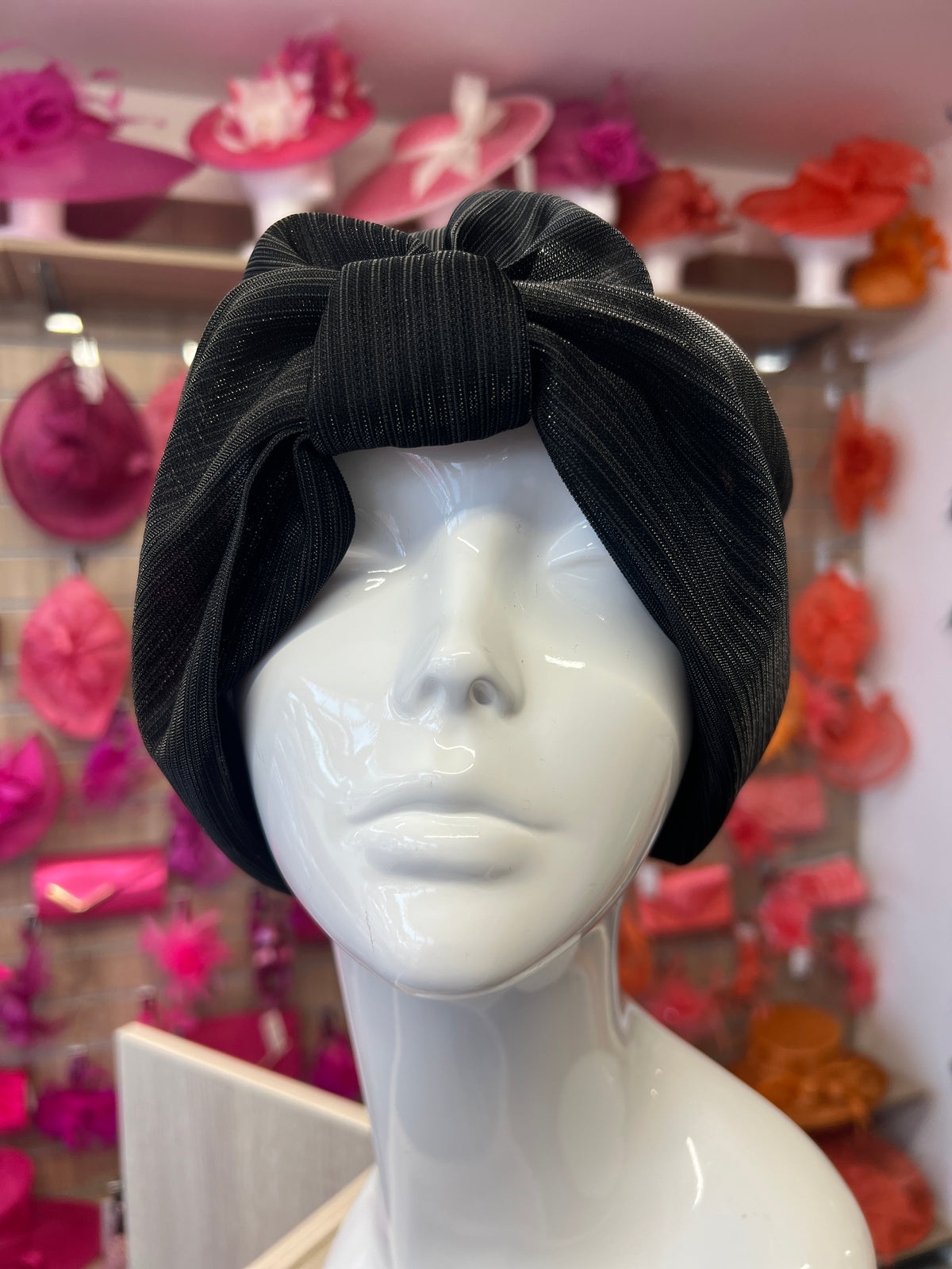 Black Shimmer Turban-Fascinators Direct