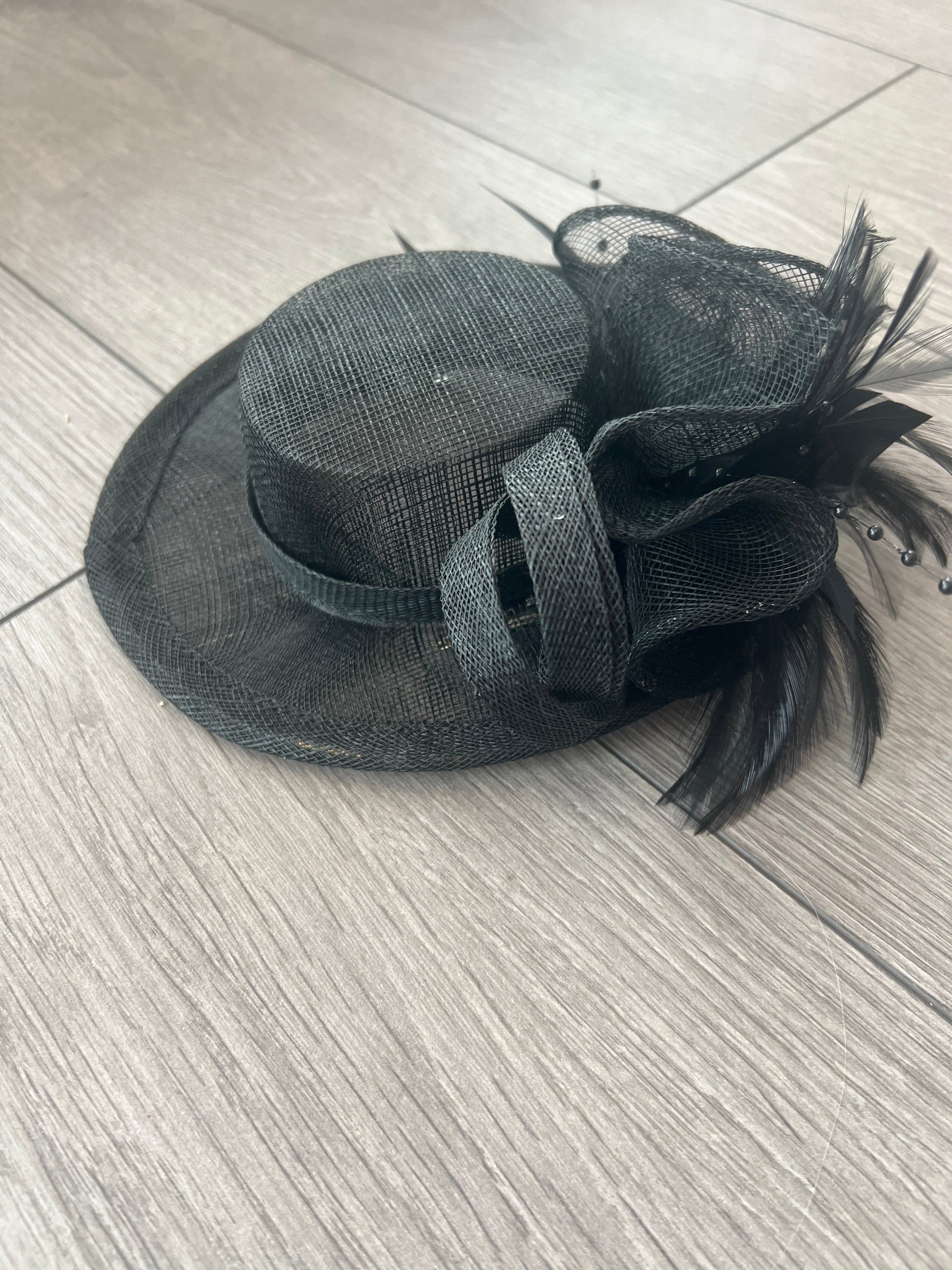 Black Sinamay Mini Hat Fascinator-Fascinators Direct