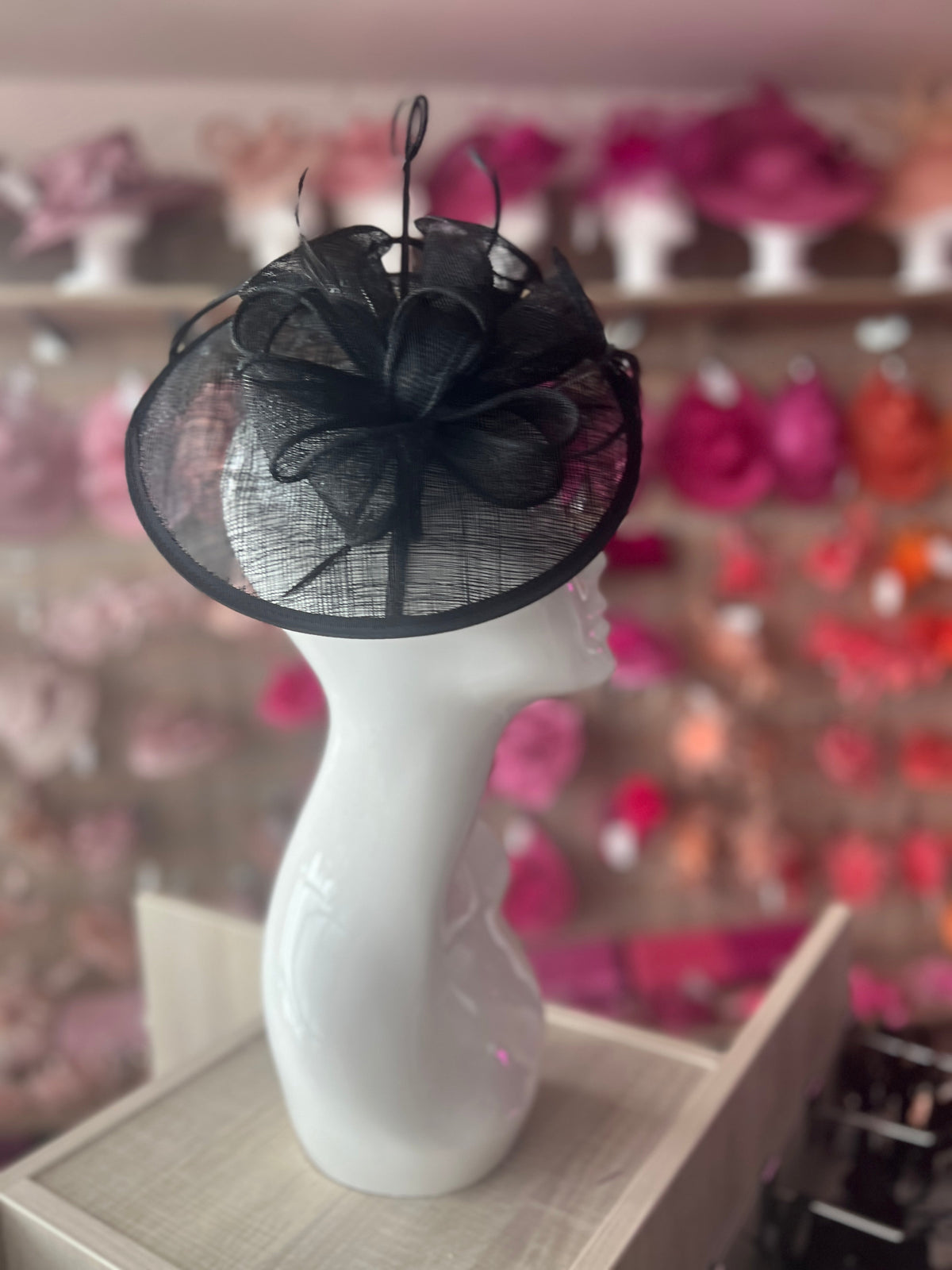 Black Sinamay Petunia Flower Fascinator With A Saucer Base-Fascinators Direct