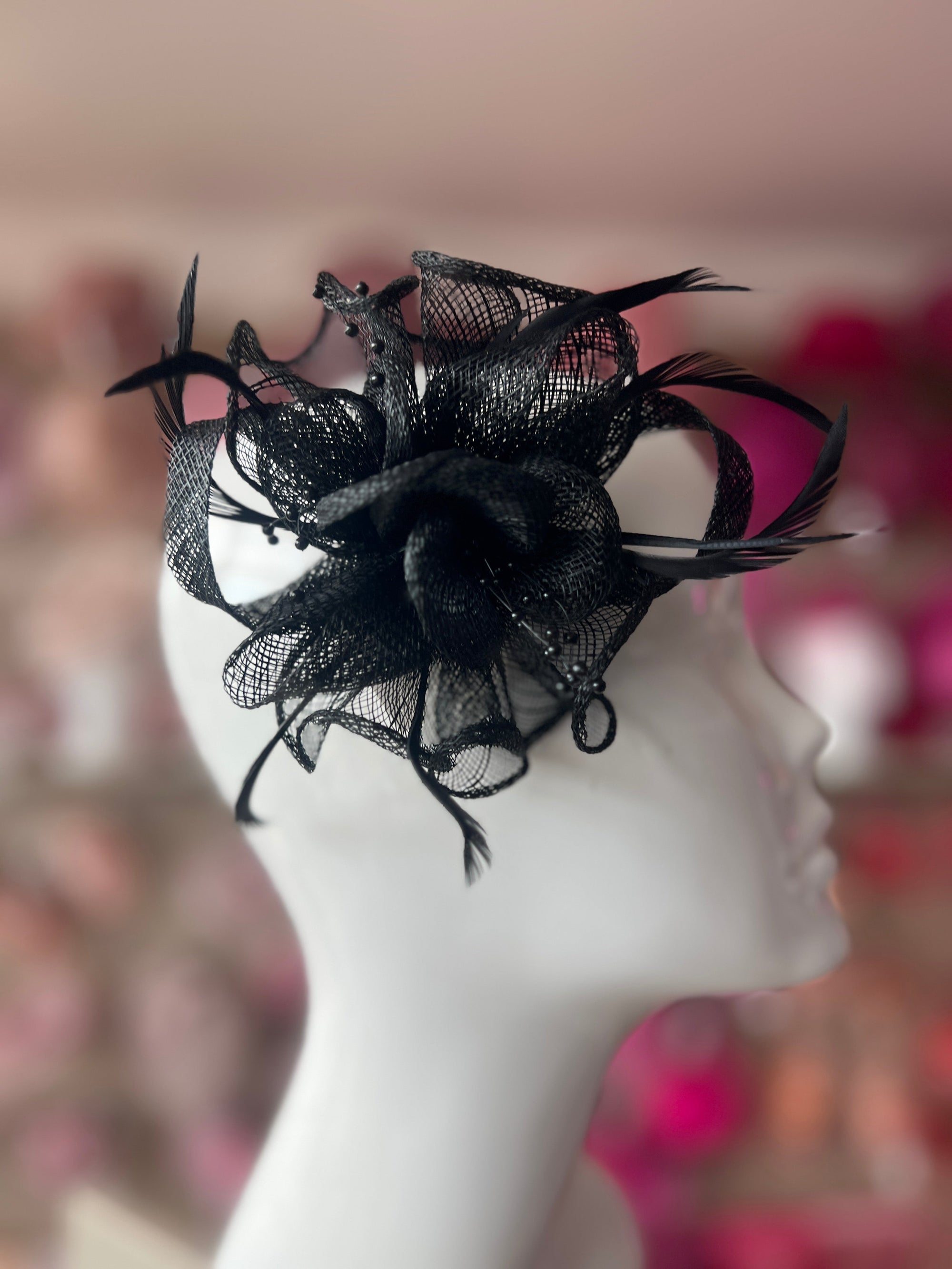 Black Small Fascinator With Decorative Beads & Feathers-Fascinators Direct