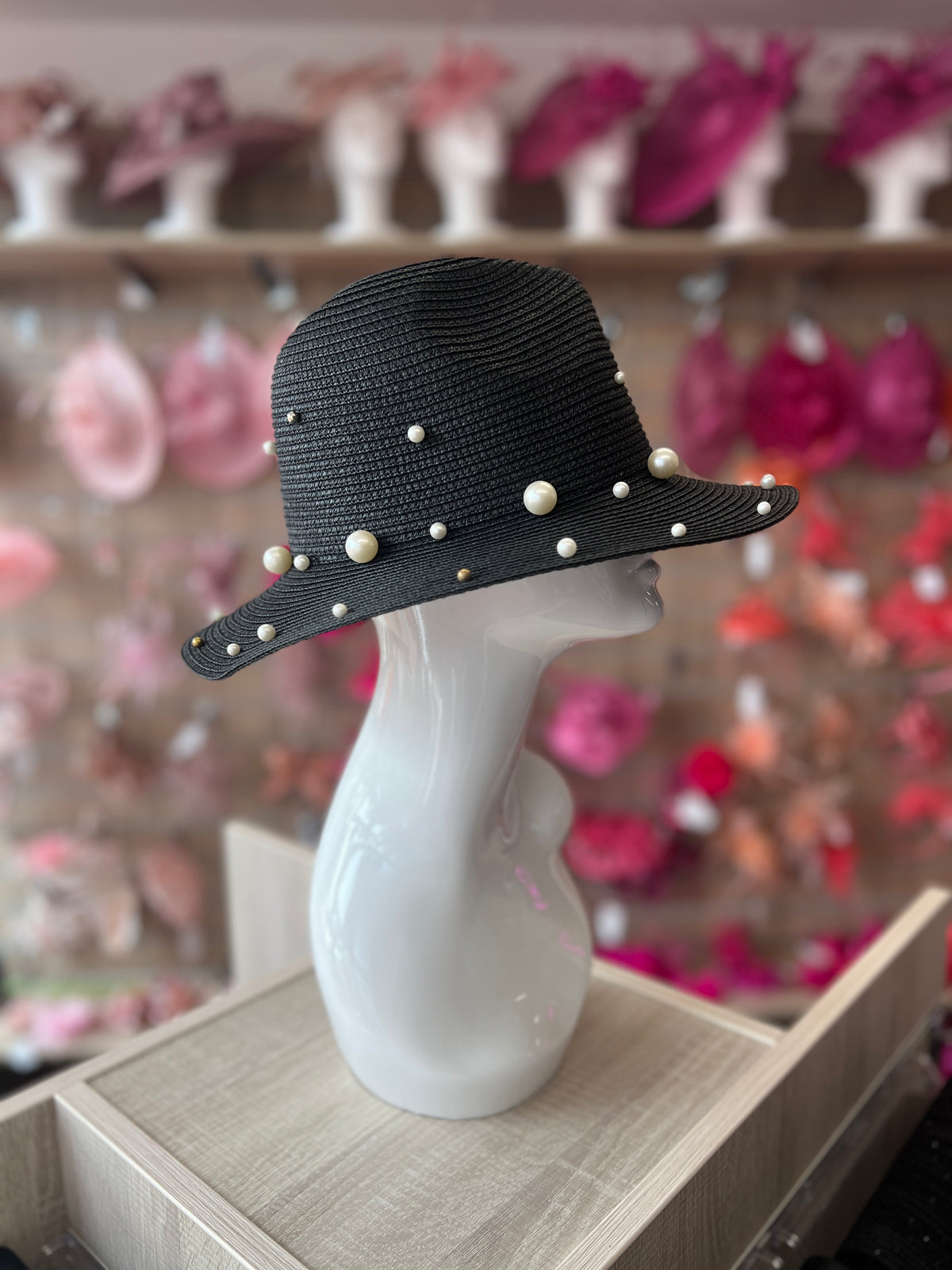 Black Straw Fedora Hat With Pearls-Fascinators Direct