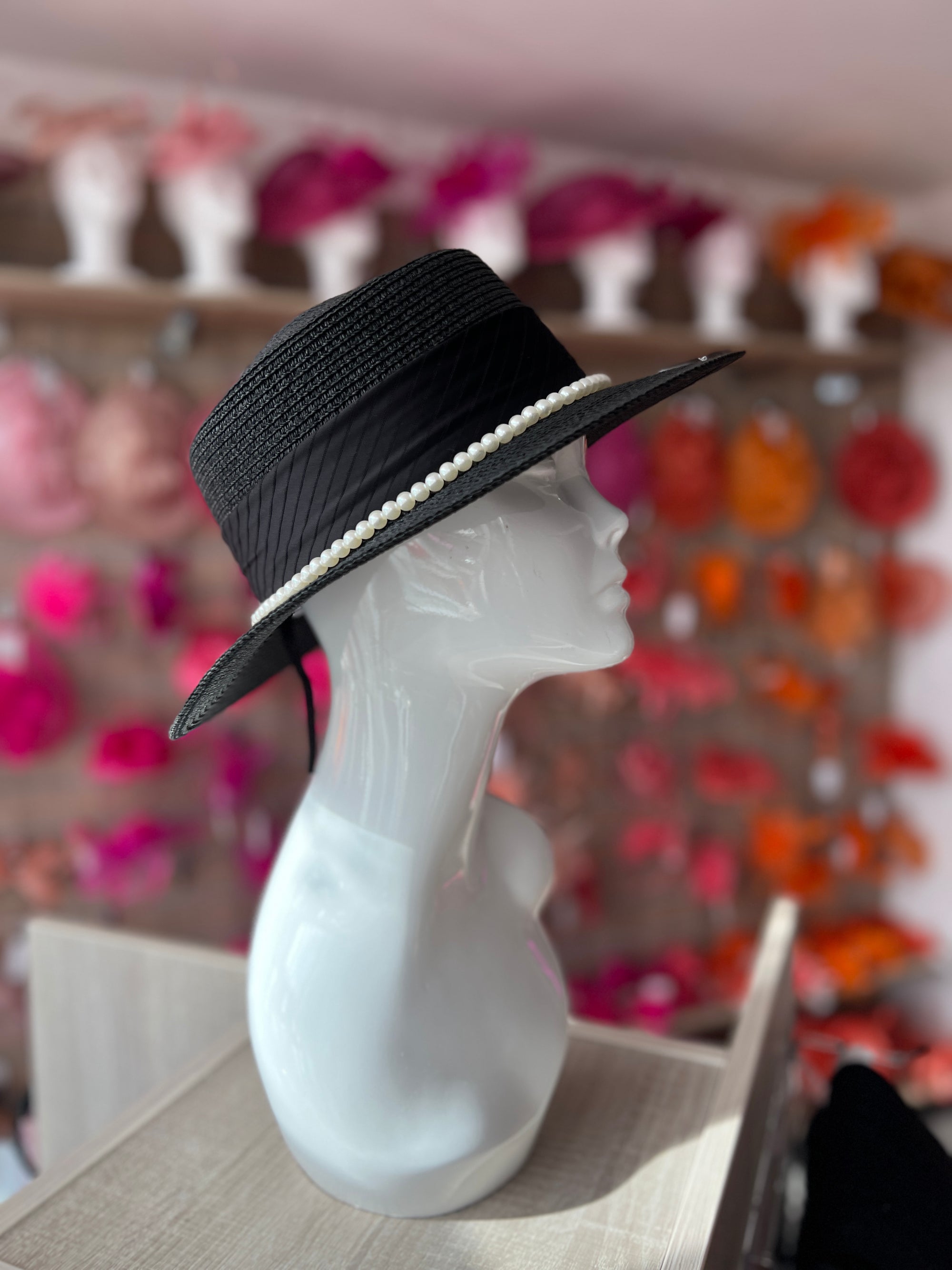 Black Straw Hat With Pearl & Ribbon Detail-Fascinators Direct