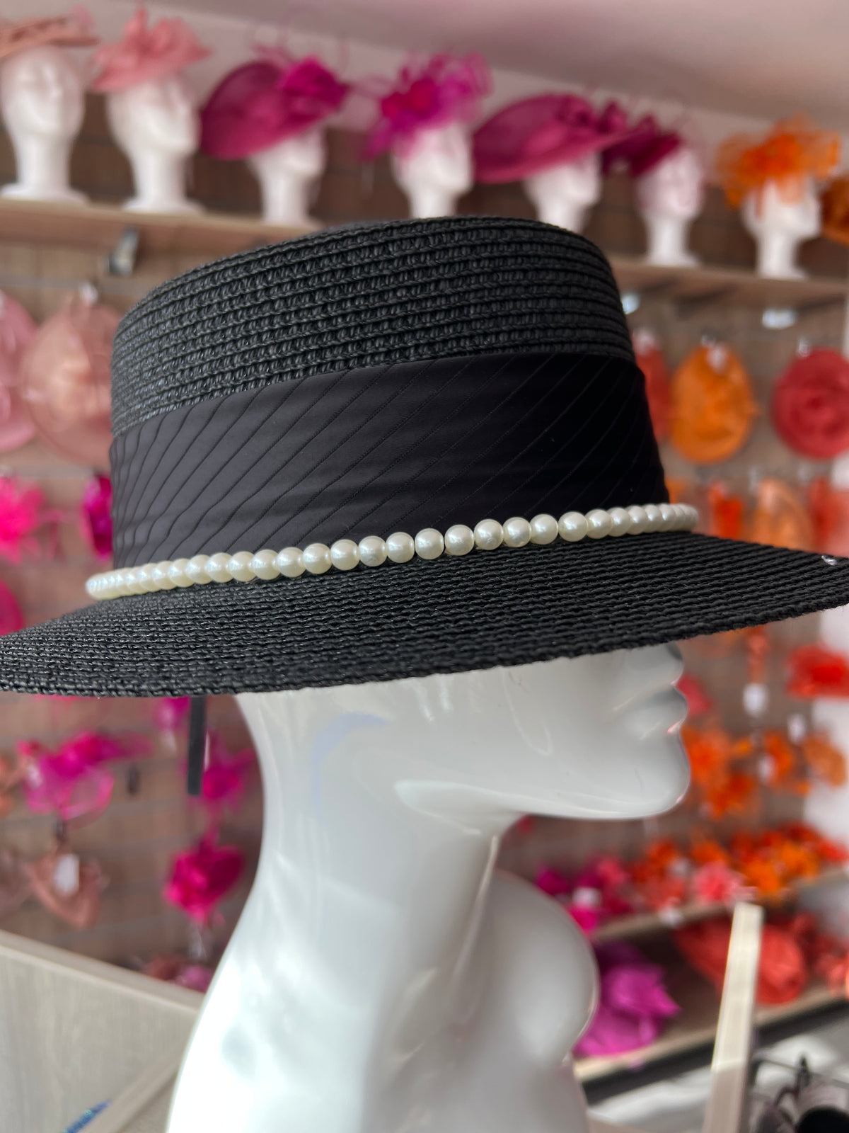 Black Straw Hat With Pearl &amp; Ribbon Detail-Fascinators Direct