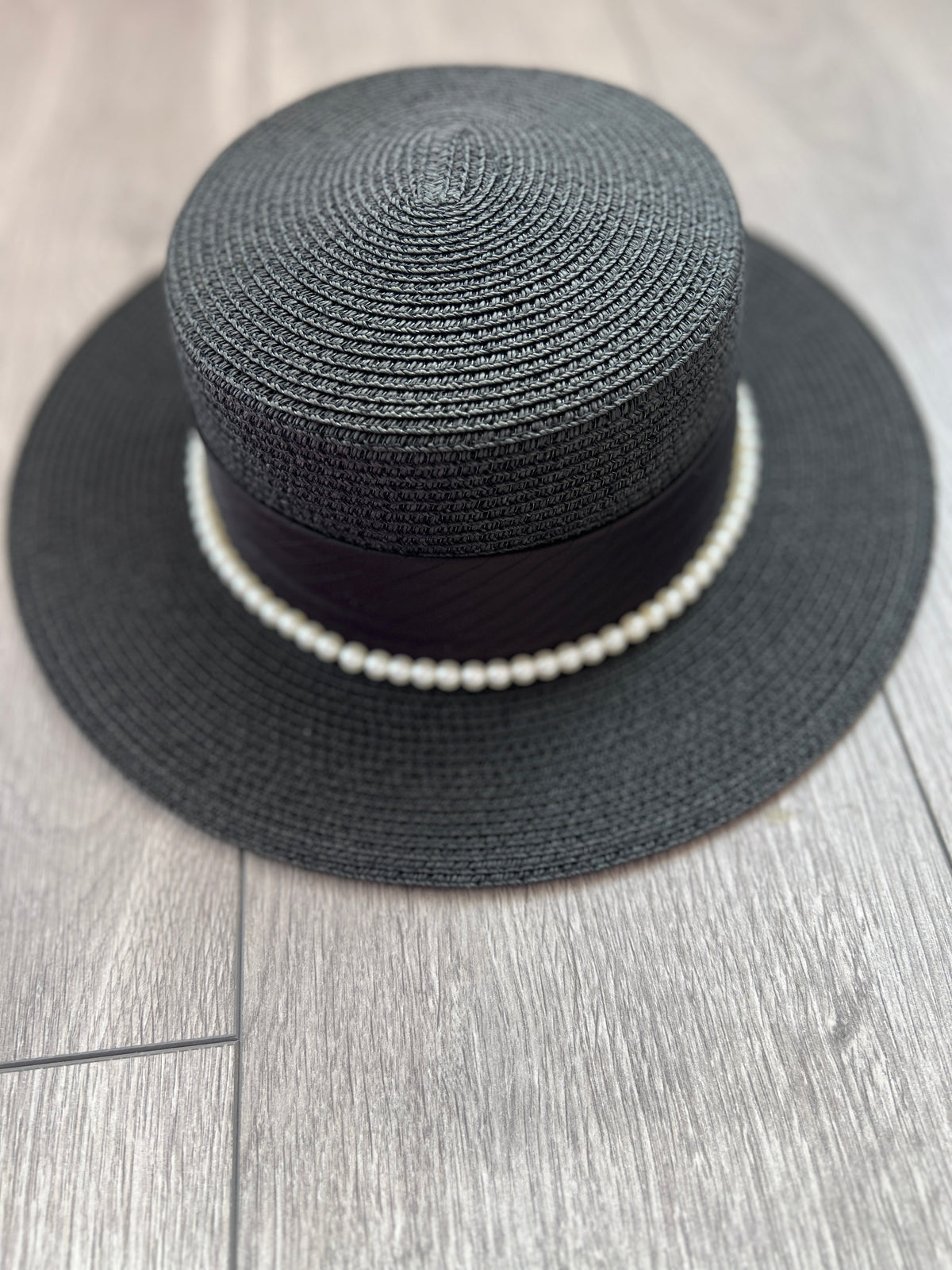 Black Straw Hat With Pearl &amp; Ribbon Detail-Fascinators Direct