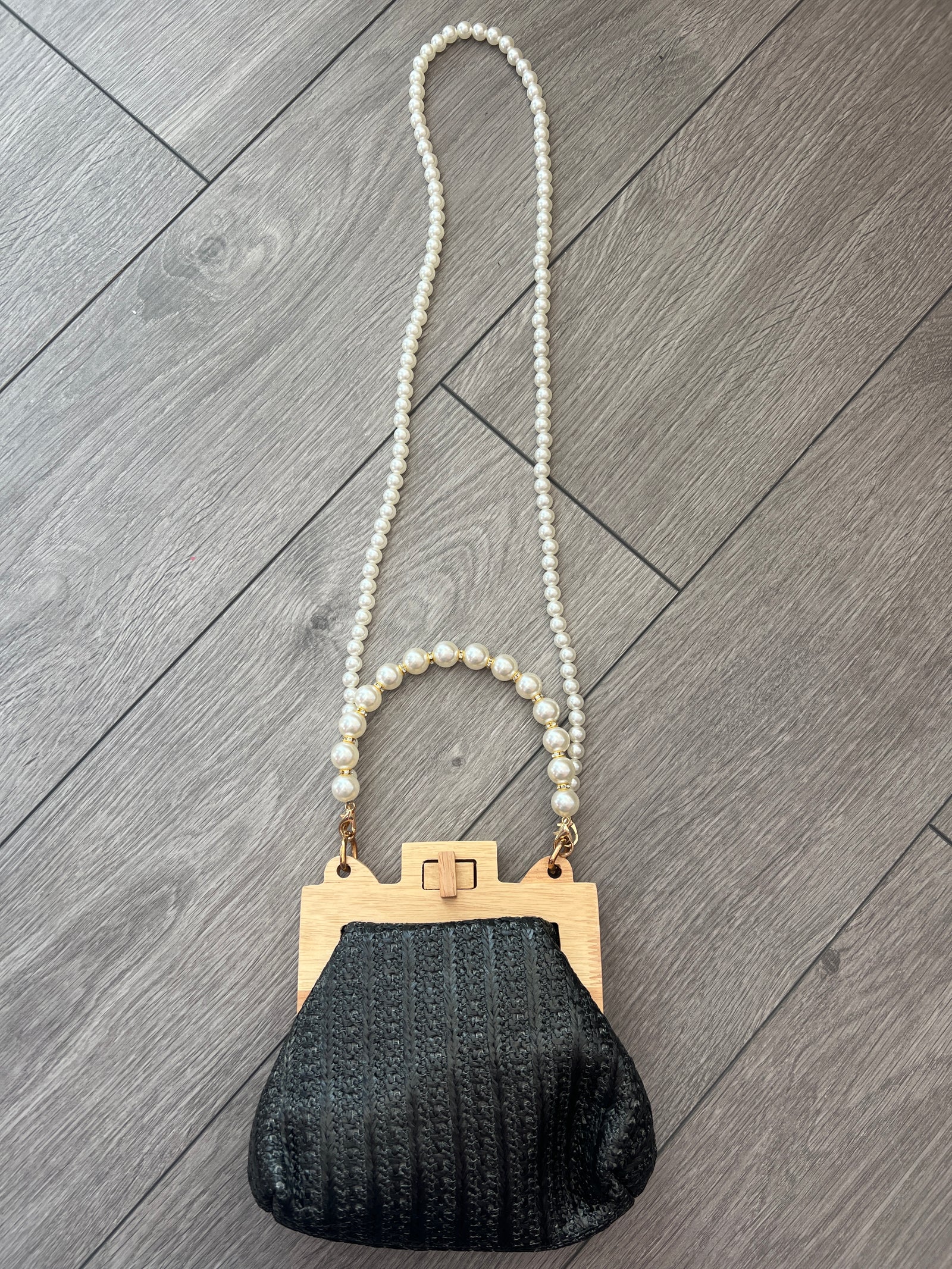 Black Straw Weave Clutch Bag With Pearl Handle & Shoulder Strap-Fascinators Direct