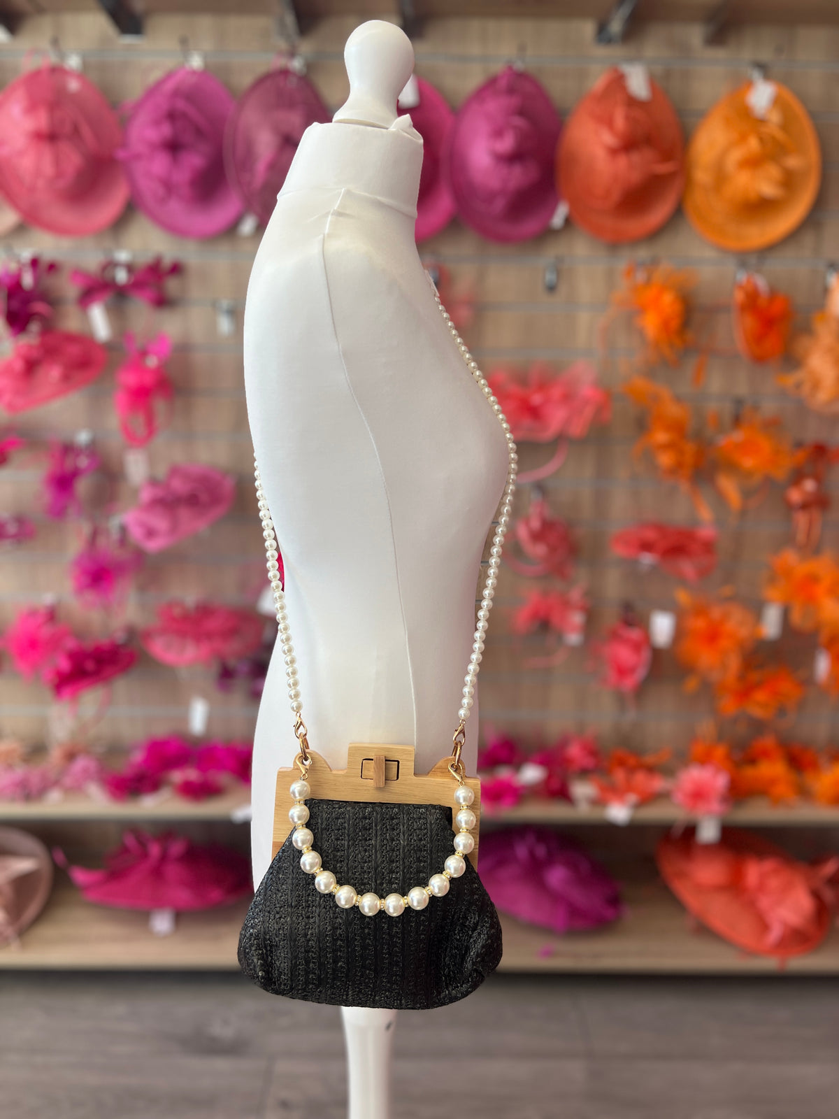 Black Straw Weave Clutch Bag With Pearl Handle &amp; Shoulder Strap-Fascinators Direct