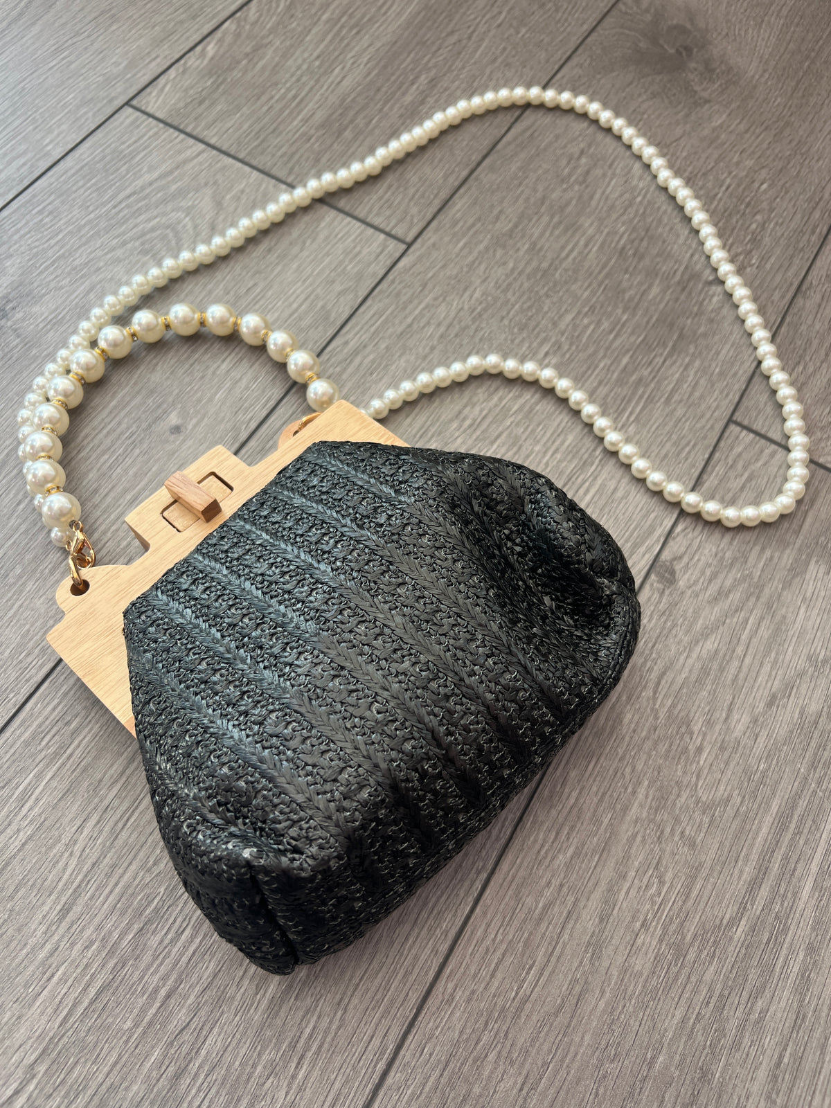 Black Straw Weave Clutch Bag With Pearl Handle &amp; Shoulder Strap-Fascinators Direct