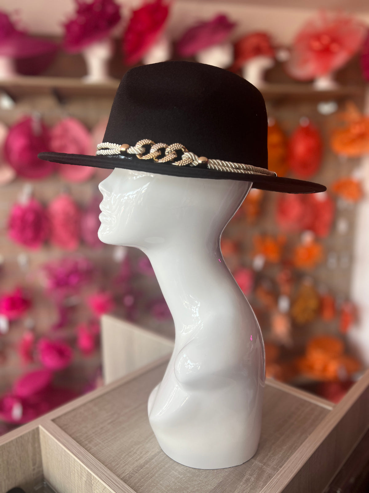 Black Suedette Fedora Hat With Rope &amp; Chain Detail-Fascinators Direct