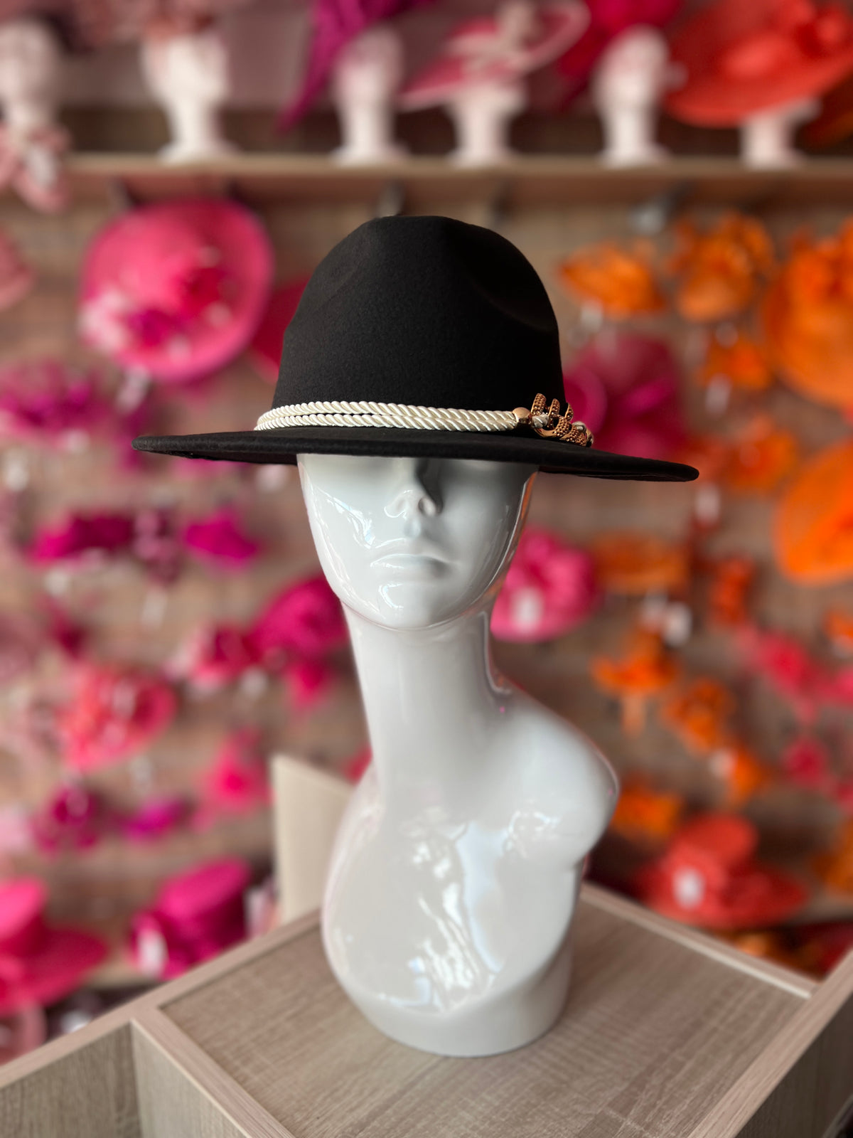 Black Suedette Fedora Hat With Rope &amp; Chain Detail-Fascinators Direct