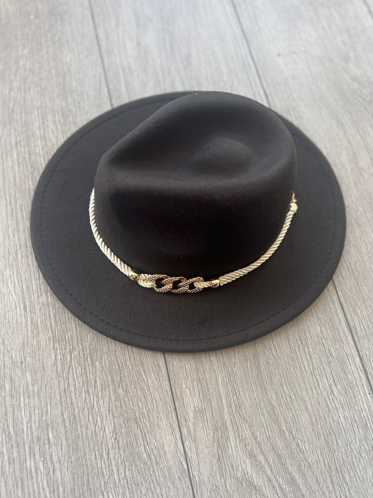 Black Suedette Fedora Hat With Rope &amp; Chain Detail-Fascinators Direct