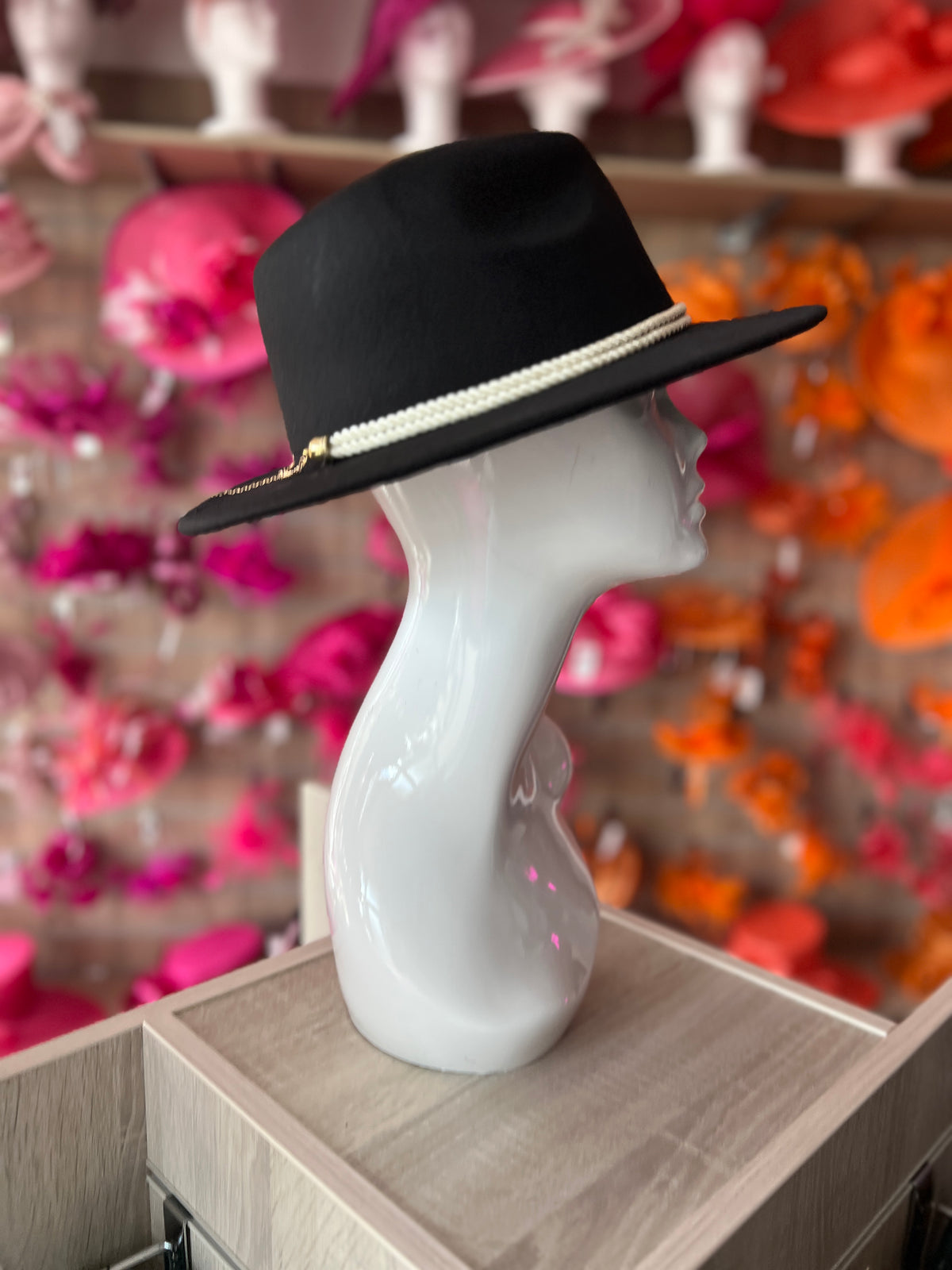 Black Suedette Fedora Hat With Rope &amp; Chain Detail-Fascinators Direct
