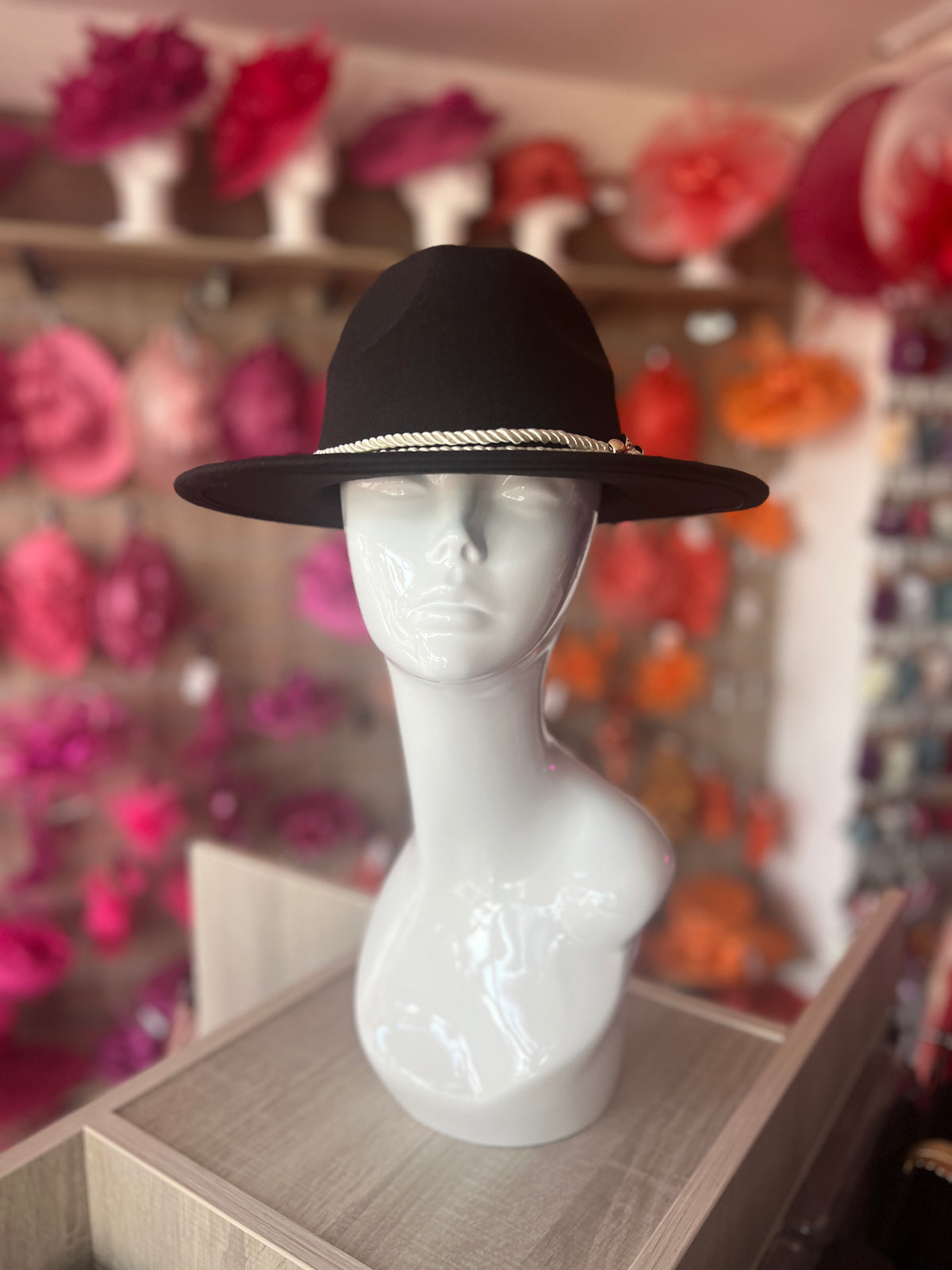 Black Suedette Fedora Hat With Rope &amp; Chain Detail-Fascinators Direct
