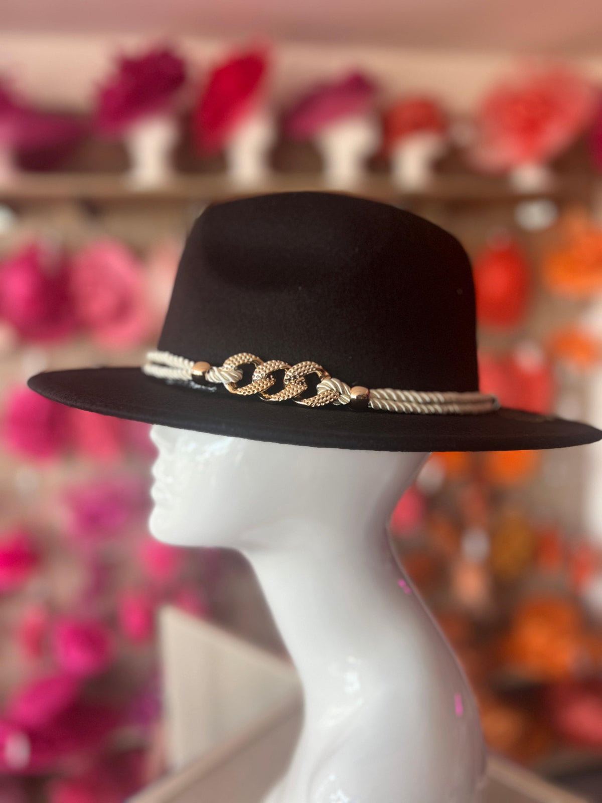 Black Suedette Fedora Hat With Rope &amp; Chain Detail-Fascinators Direct