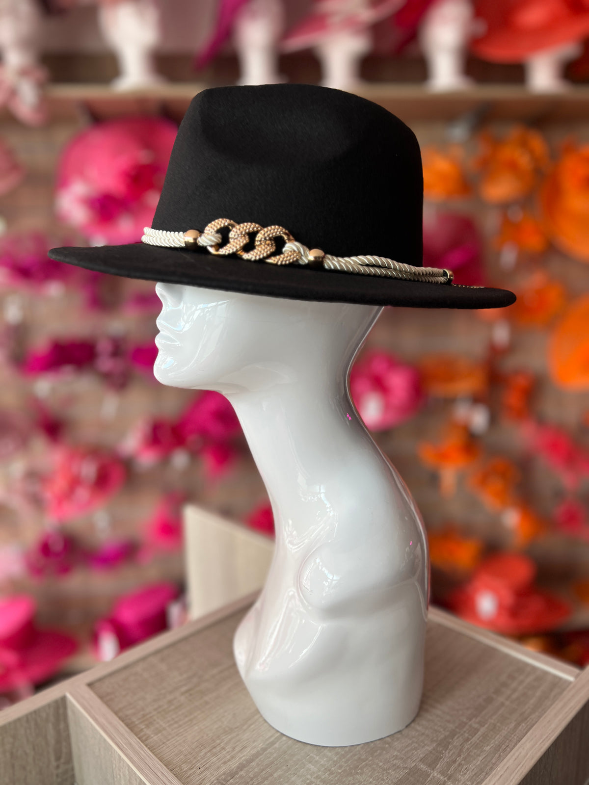 Black Suedette Fedora Hat With Rope &amp; Chain Detail-Fascinators Direct