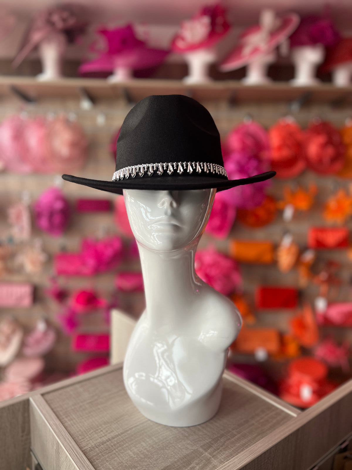 Black Suedette Fedora Hat With Silver Detailing-Fascinators Direct