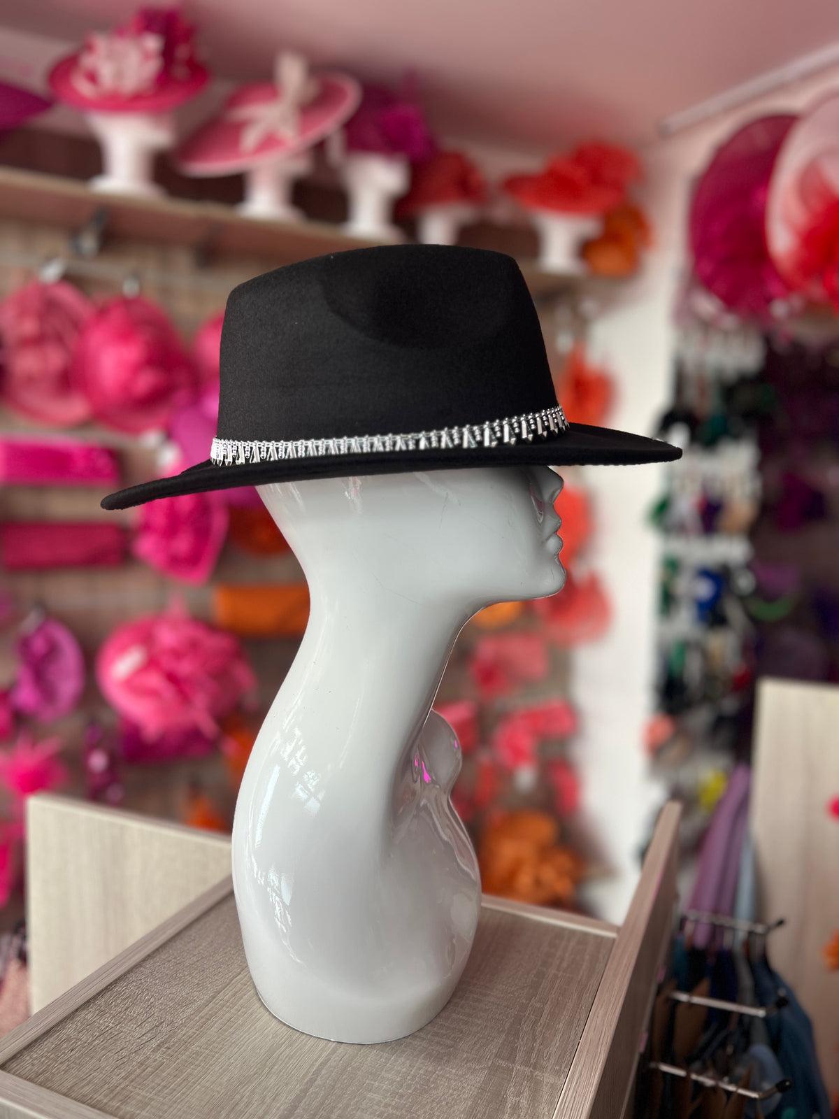 Black Suedette Fedora Hat With Silver Detailing-Fascinators Direct