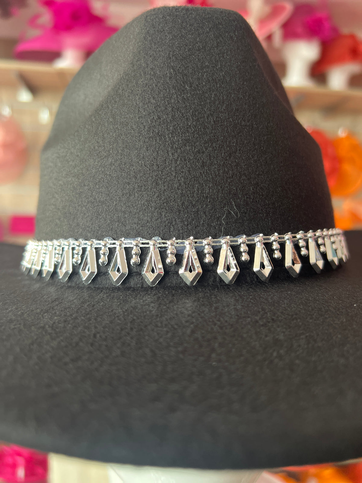 Black Suedette Fedora Hat With Silver Detailing-Fascinators Direct