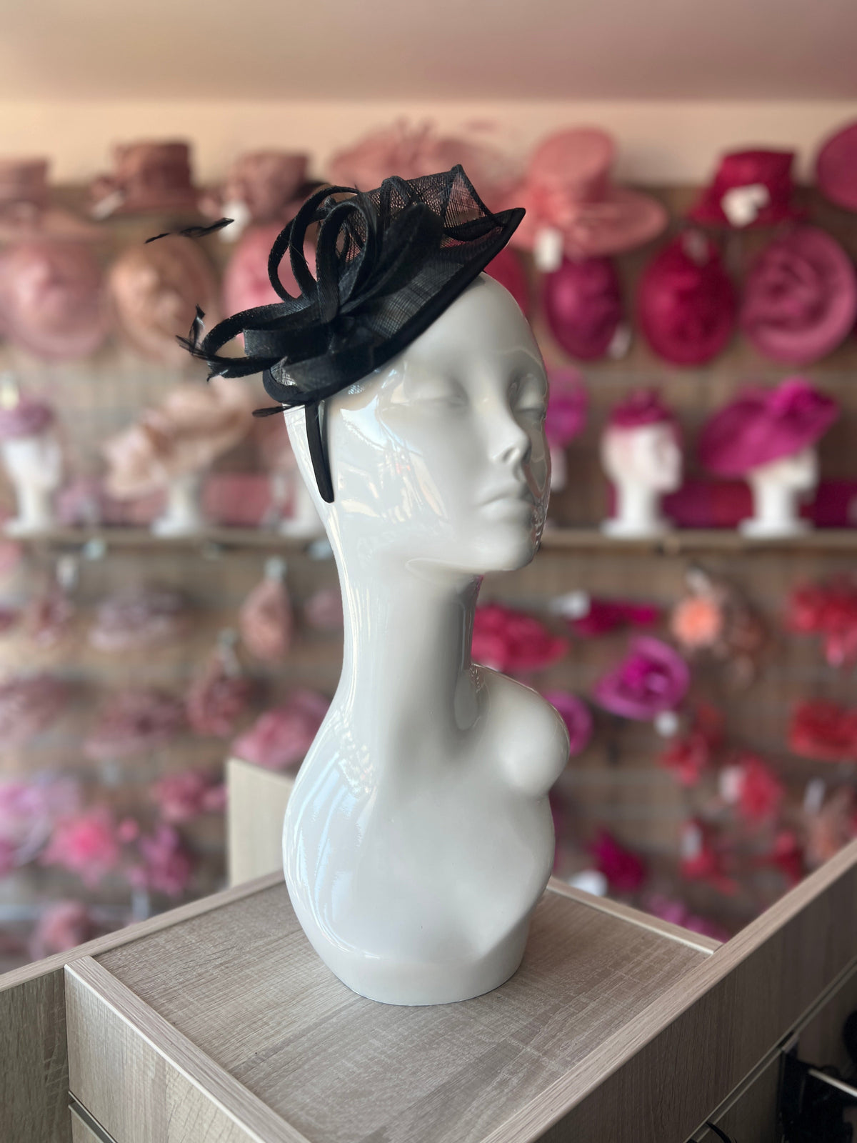 Black Teardrop Fascinator with Curled Sinamay Loops-Fascinators Direct