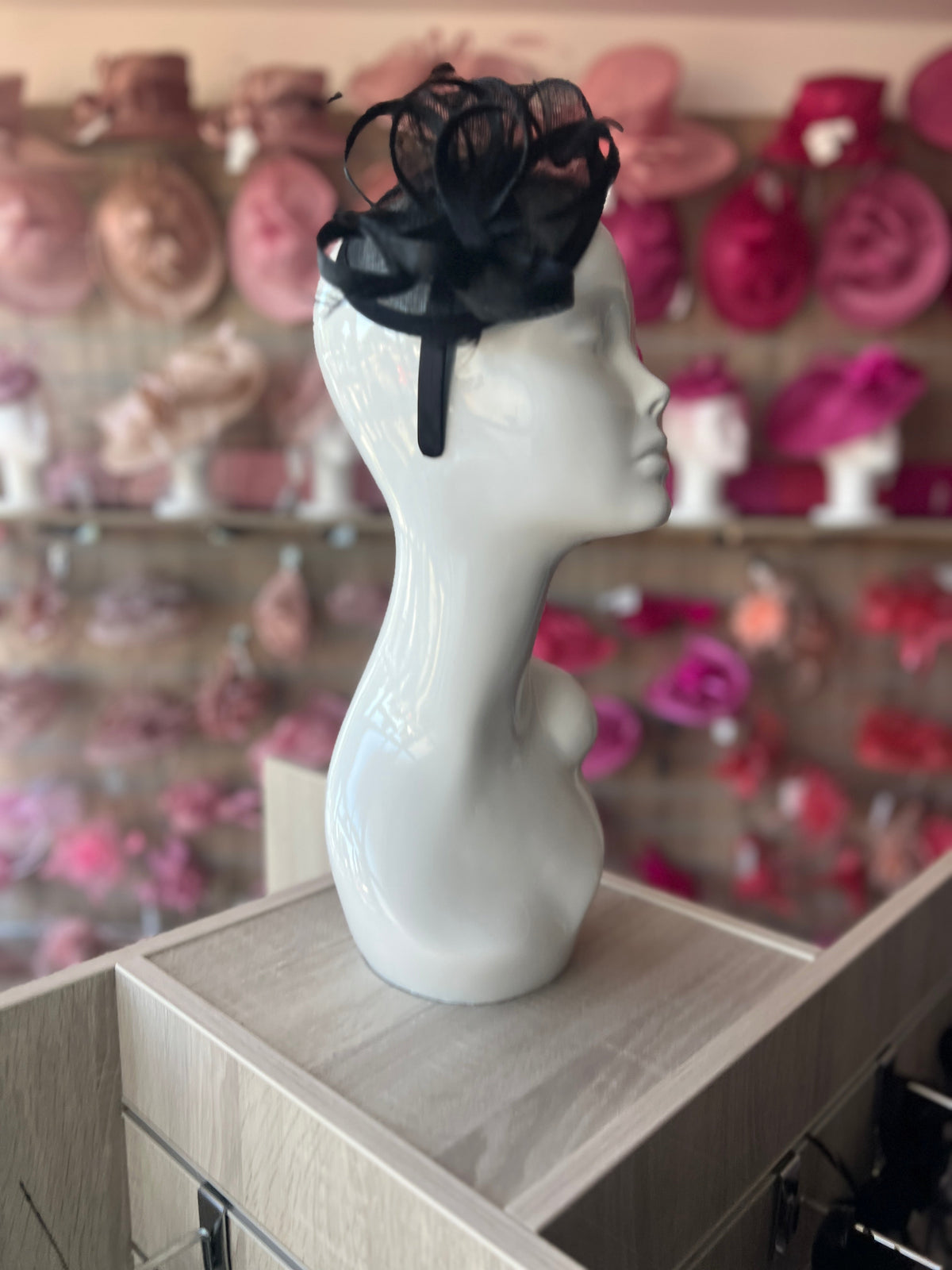 Black Teardrop Fascinator with Curled Sinamay Loops-Fascinators Direct