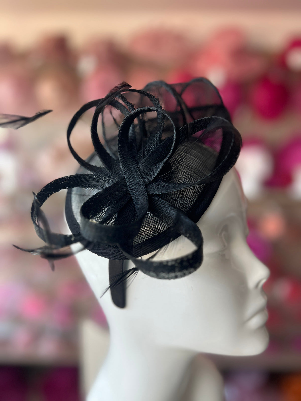 Black Teardrop Fascinator with Curled Sinamay Loops-Fascinators Direct