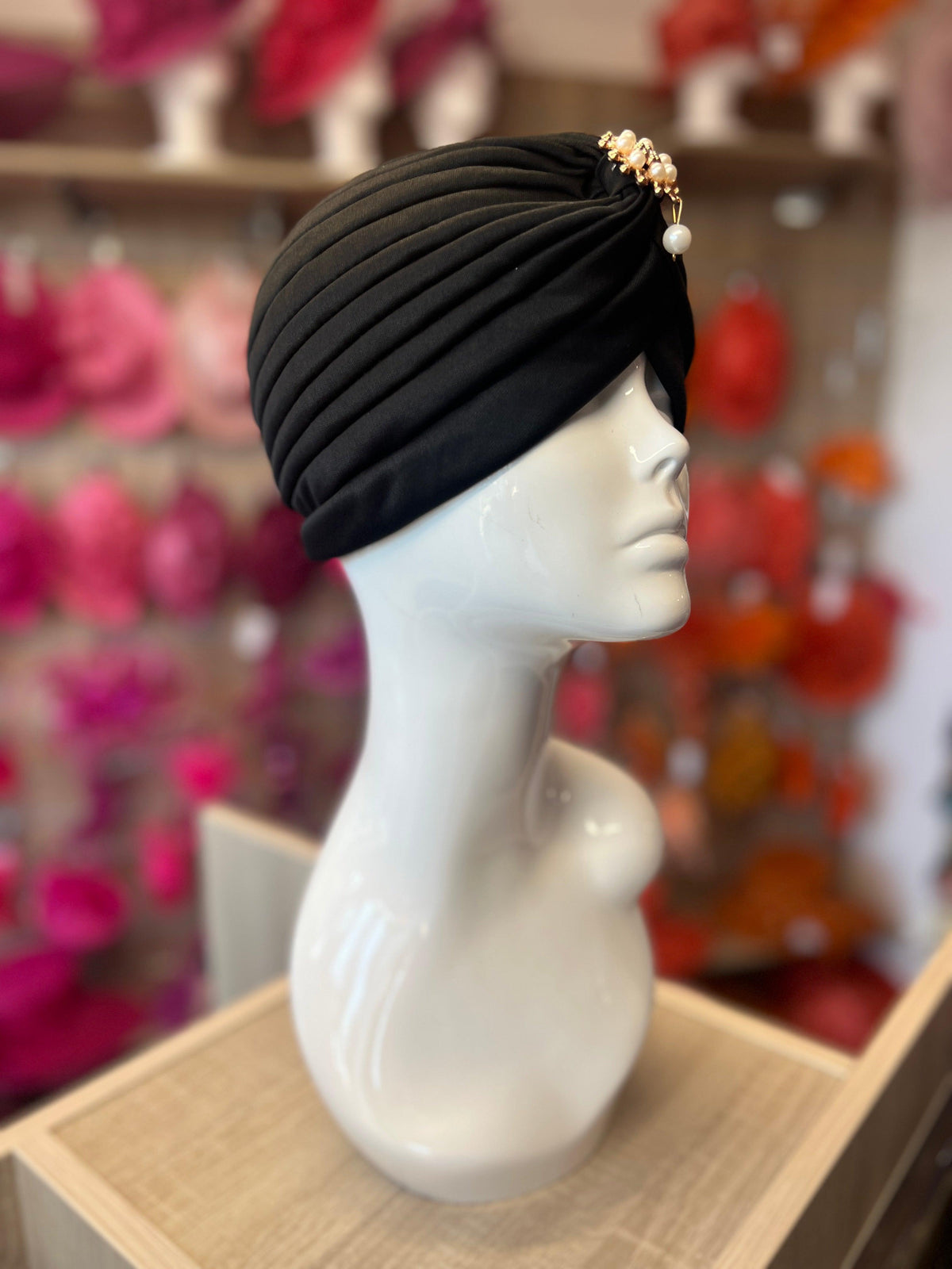 Black Turban Hat With Diamante &amp; Pearl Embellishment-Fascinators Direct