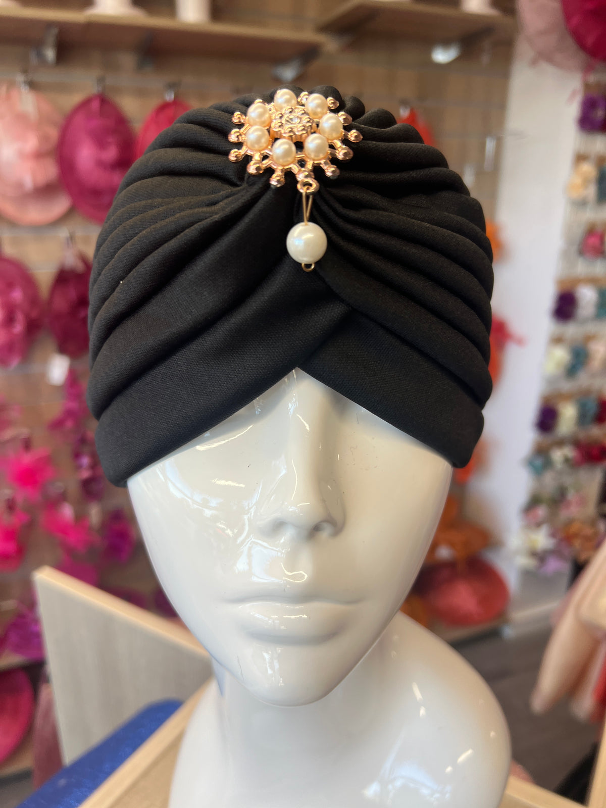 Black Turban Hat With Diamante &amp; Pearl Embellishment-Fascinators Direct