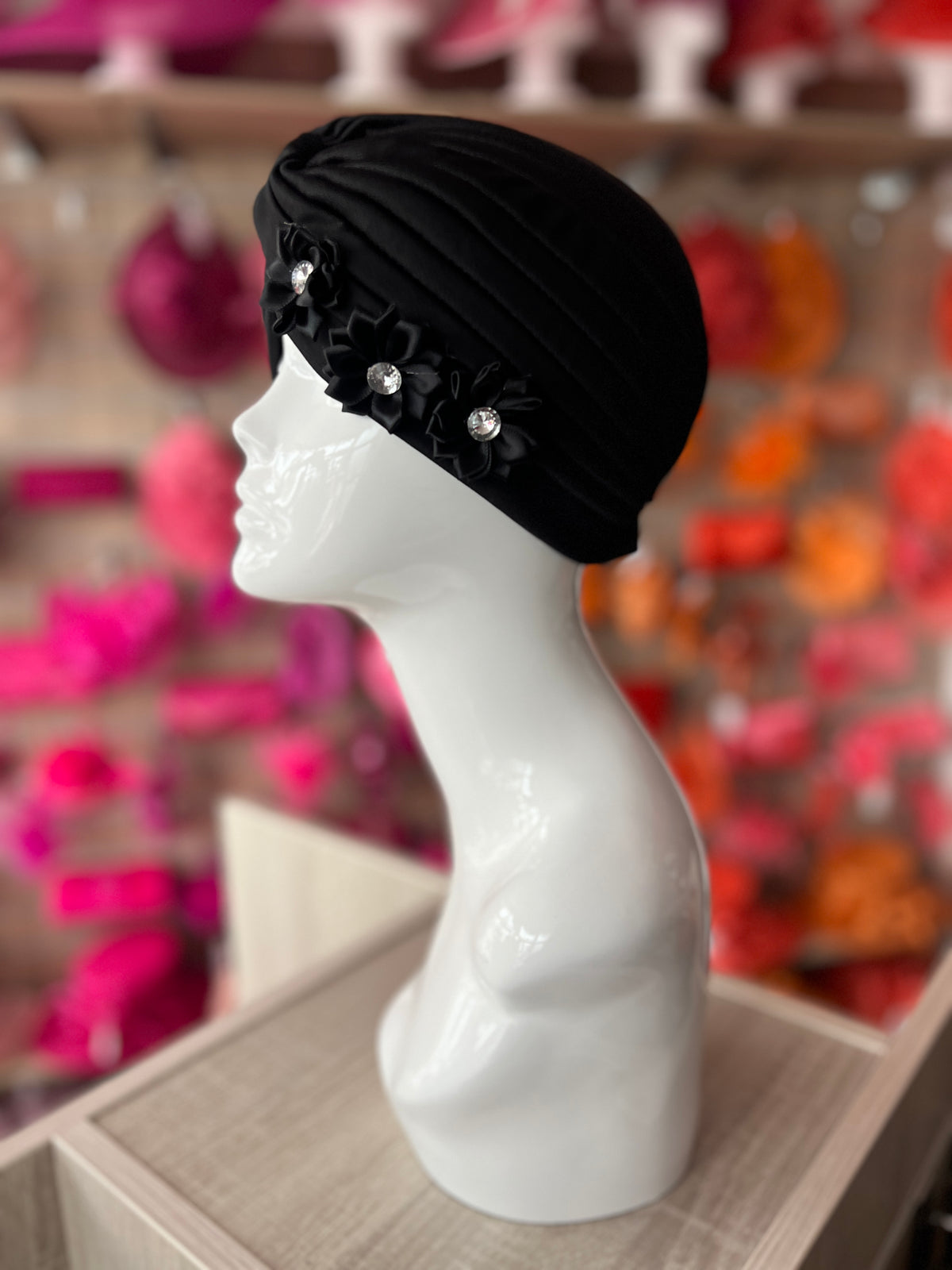 Black Turban With 3 Embellished Flowers-Fascinators Direct