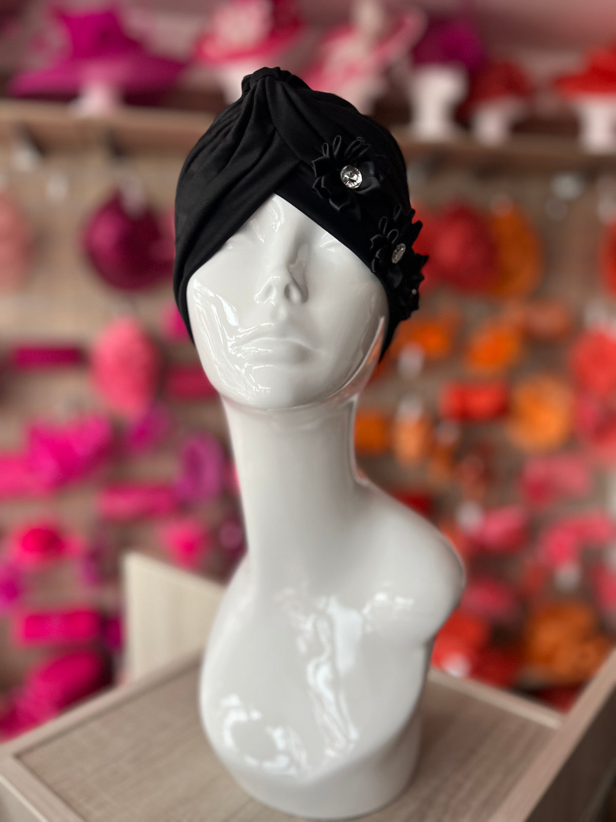 Black Turban With 3 Embellished Flowers-Fascinators Direct